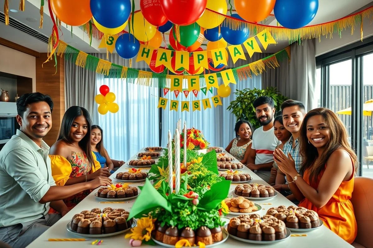 Mesa de aniversário decorada no Brasil, com bolo brigadeiro e convidados sorrindo.