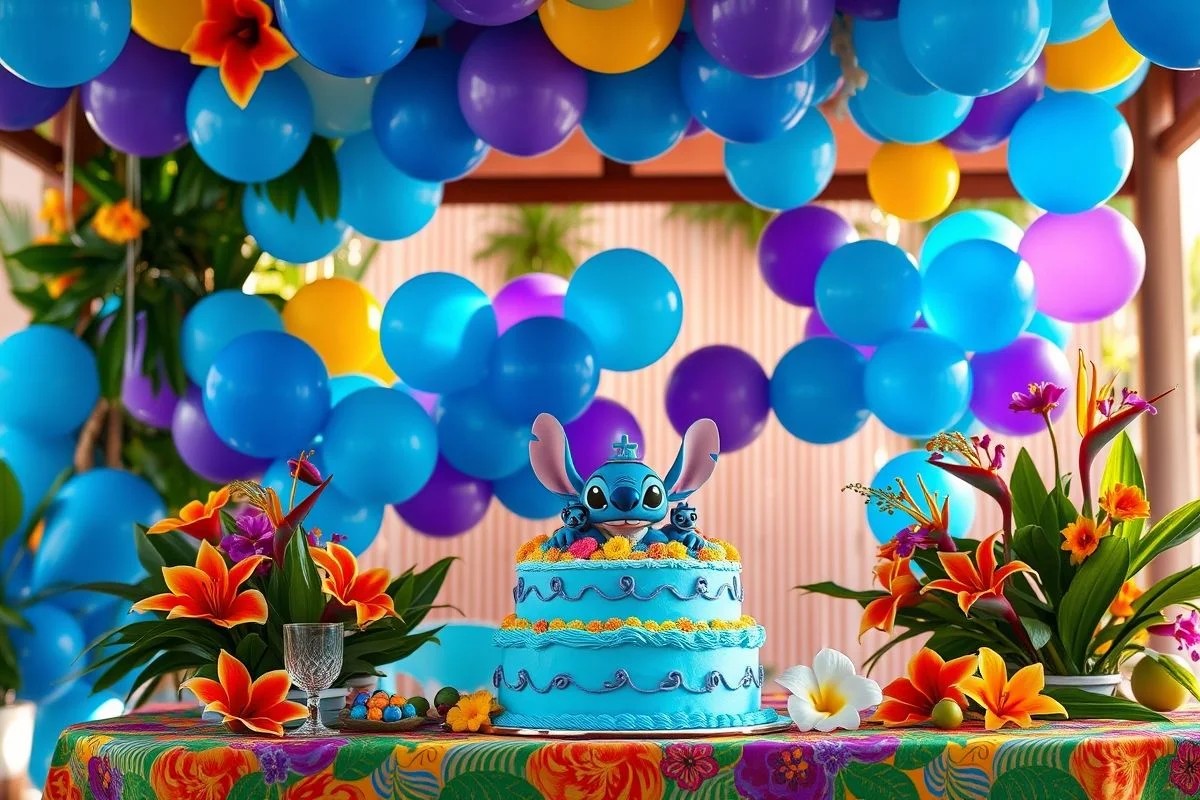 Decoração vibrante de festa temática do Stitch no Brasil com balões, flores e bolo personalizado.