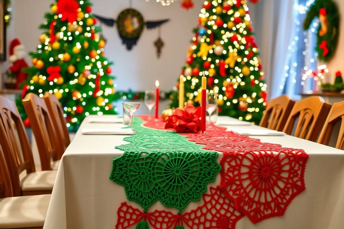 Mesa de Natal festiva com caminho de mesa de crochê verde e vermelho.