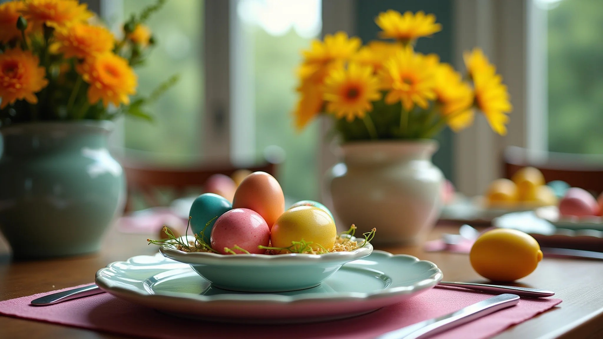 Mesa de Páscoa festiva com decoração vibrante, ovos coloridos e flores.
