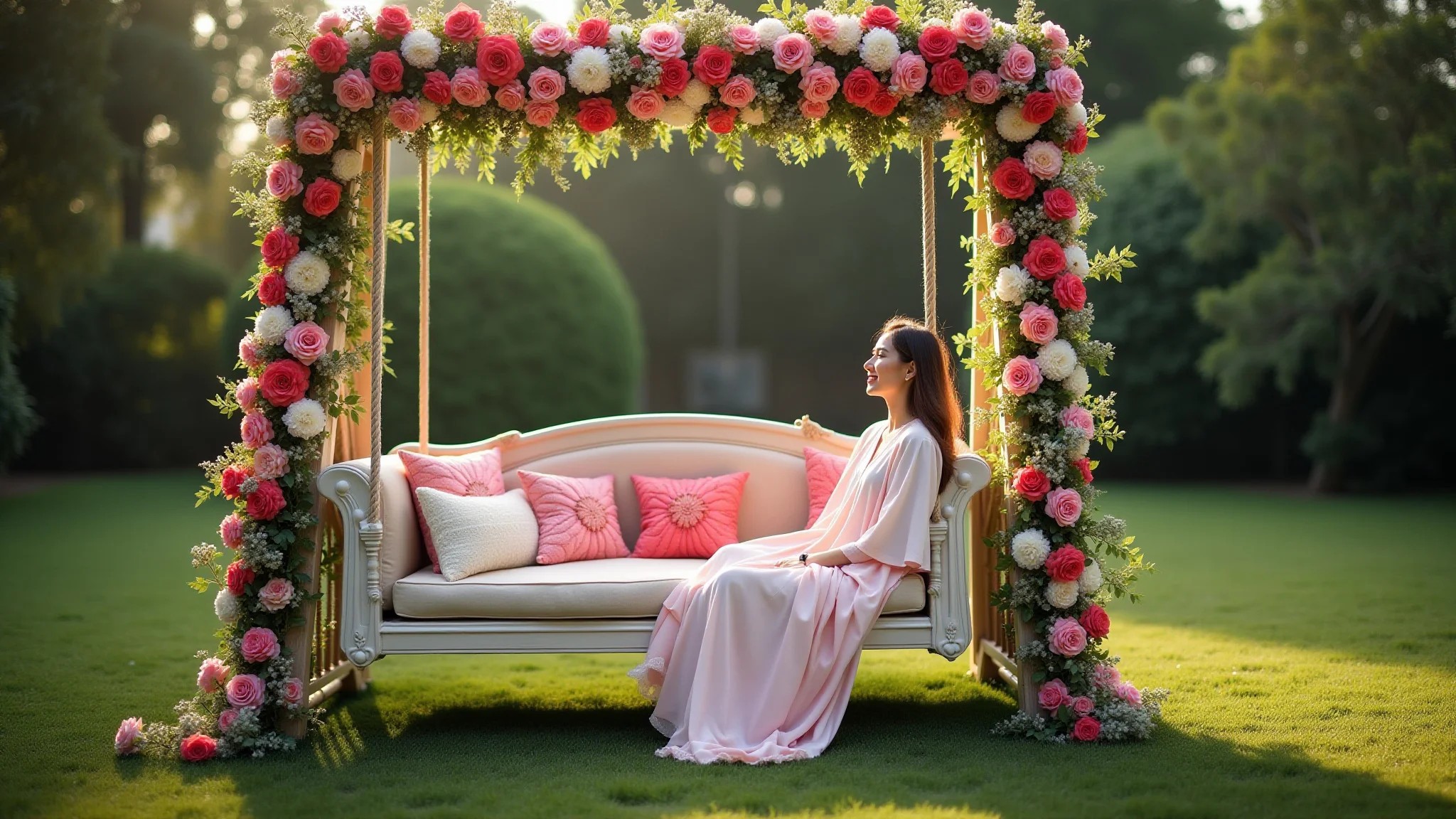 Balanço decorativo com flores em festa de jardim, ambiente festivo.