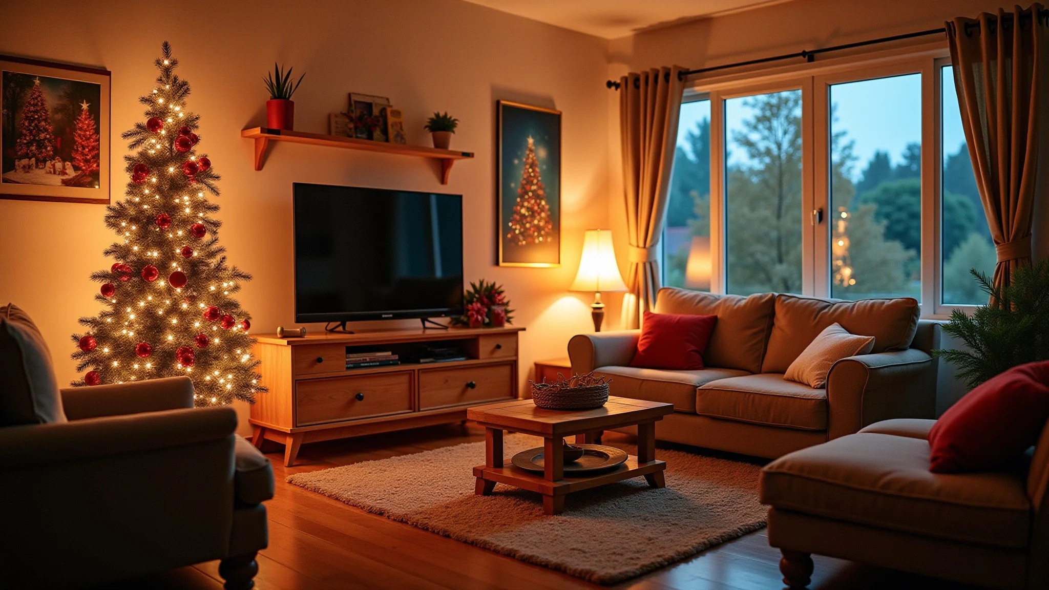 Sala festiva com decoração de Natal DIY criativa e barata, estilo brasileiro.