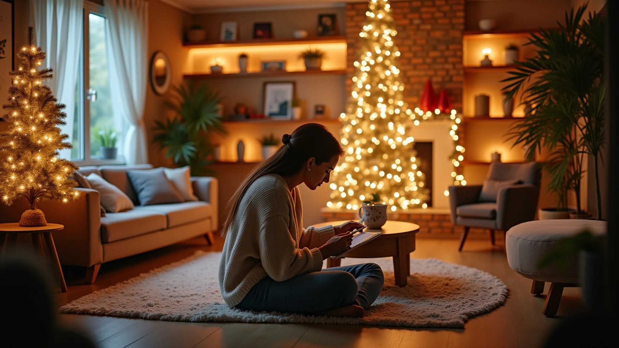 Sala decorada para o Natal com enfeites DIY, mulher sorrindo.