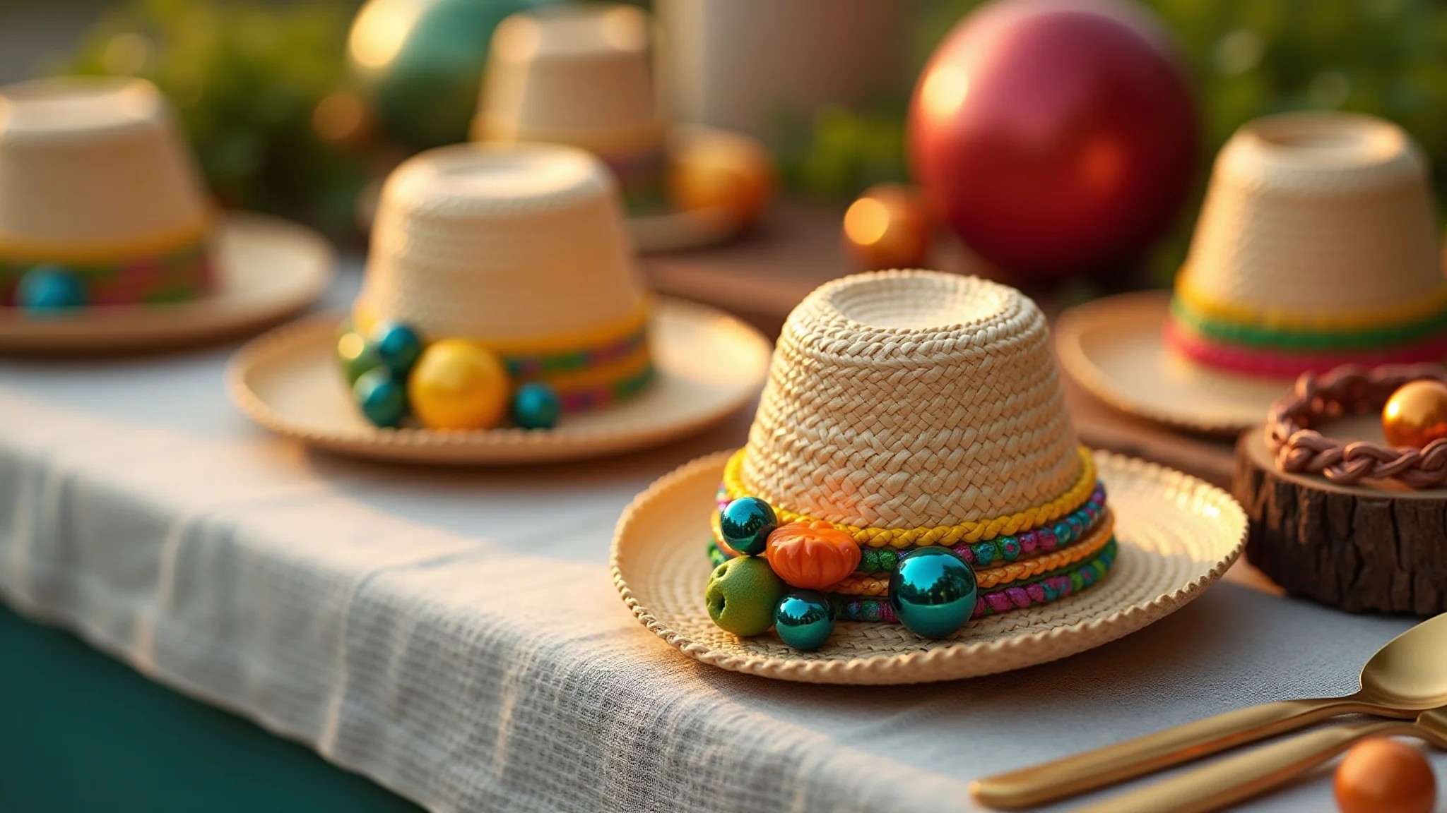 Mesa de Festa Junina com mini chapéus de palha cheios de doces e fitas coloridas.