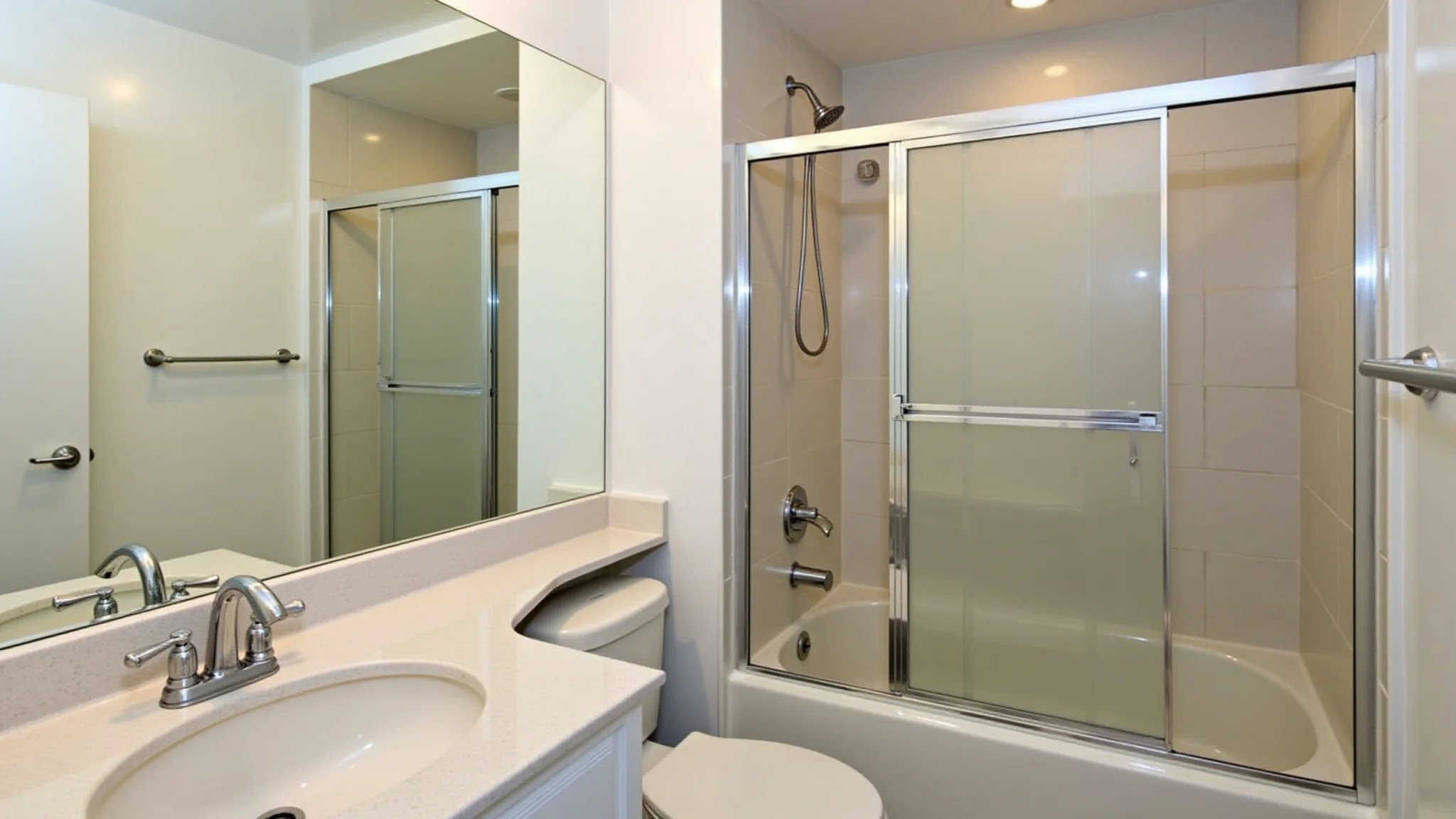 Banheiro finalizado com drywall, área de chuveiro com porta de vidro e acessórios modernos.