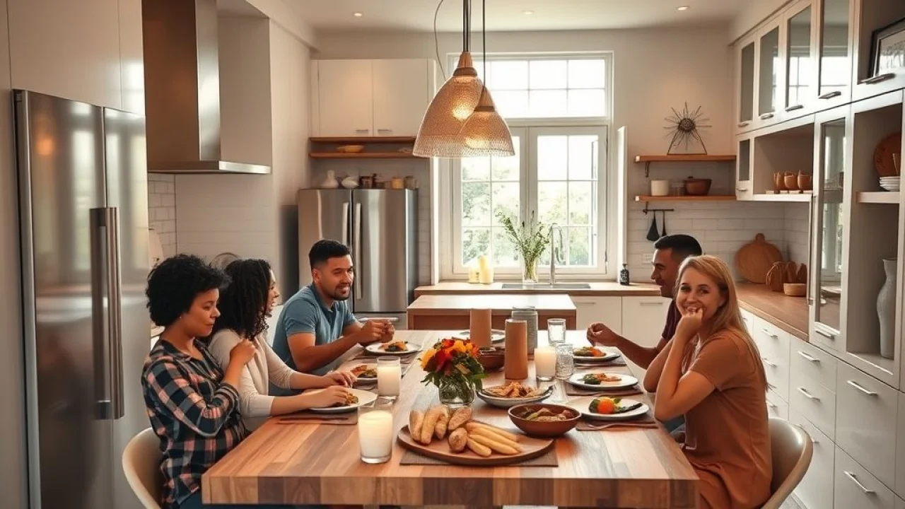 Família brasileira reunida em cozinha moderna após reforma bem-sucedida.
