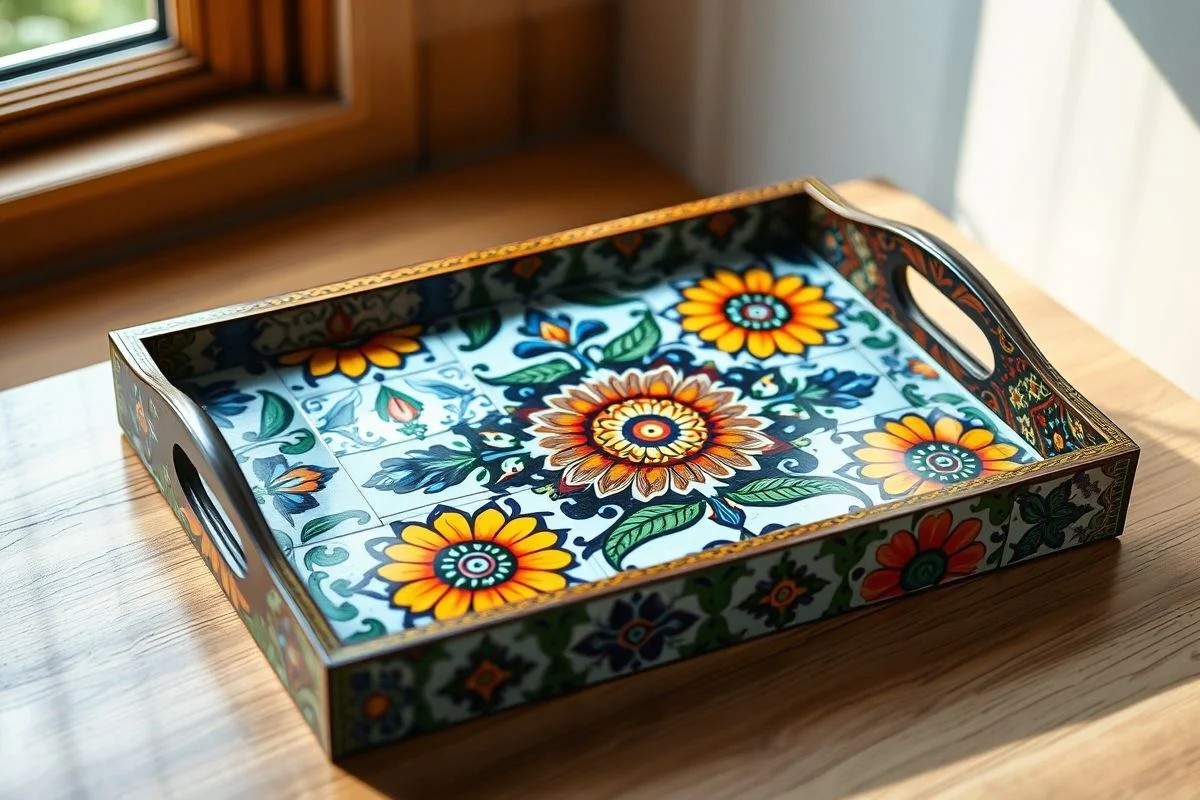 Bandeja de MDF decorada com decoupage estilo azulejo português.