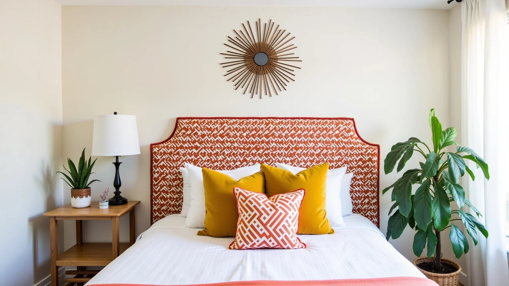 Cabeceira estofada DIY finalizada em quarto brasileiro colorido, estilo Farm Rio.