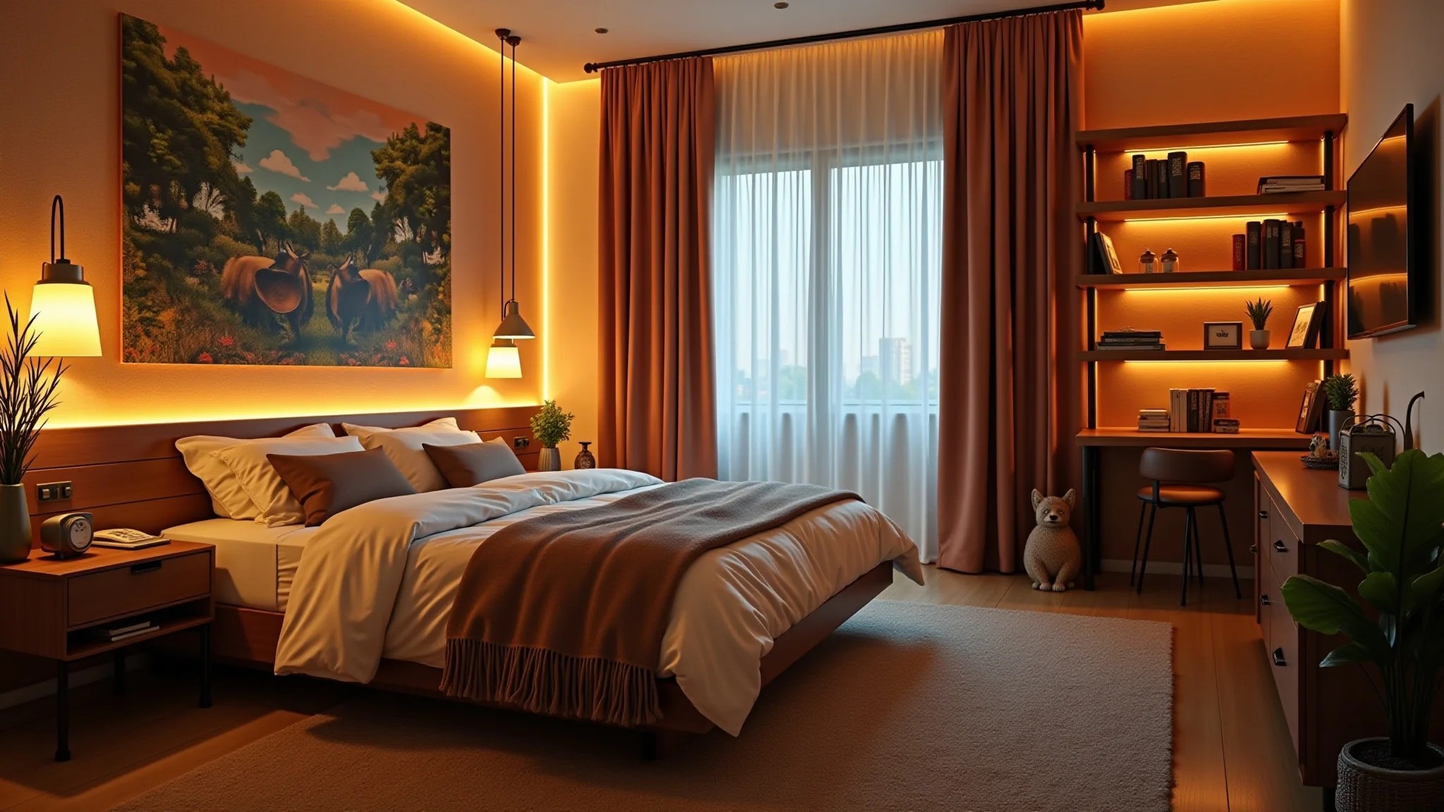 Quarto com fitas de LED no teto e decoração colorida.