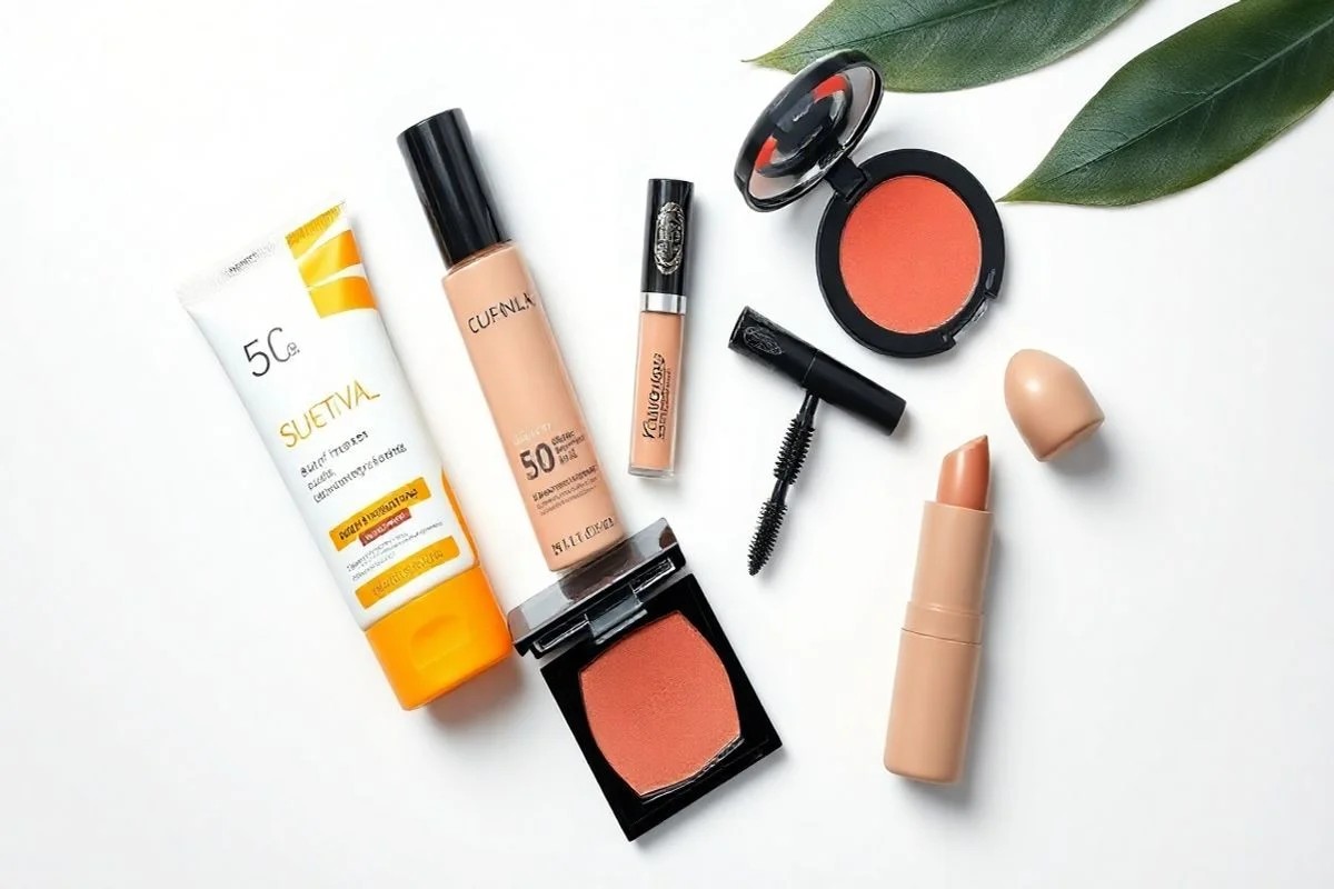 Produtos essenciais para maquiagem diária: protetor solar, corretivo, blush, rímel e batom nude.