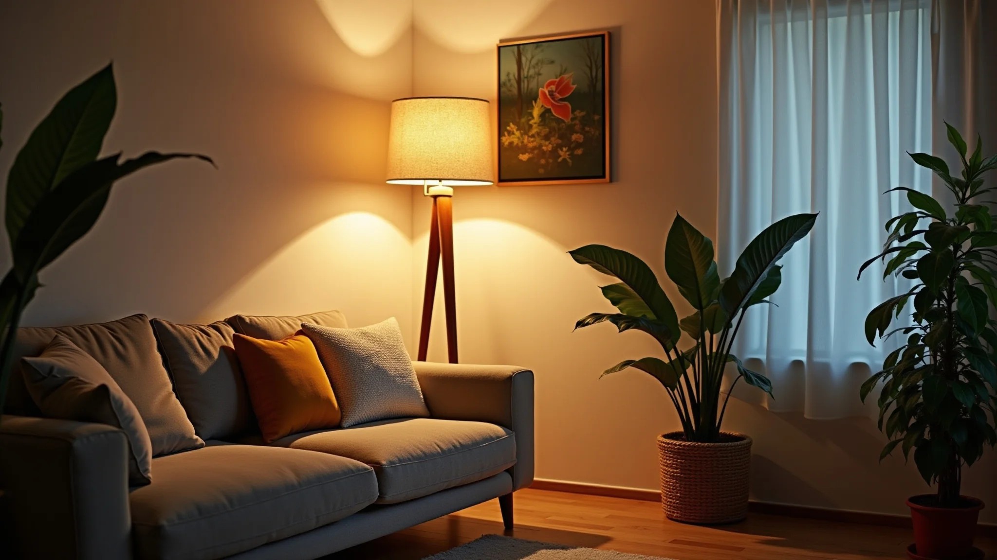 Luminária de chão com luz indireta em sala de estar brasileira com plantas.
