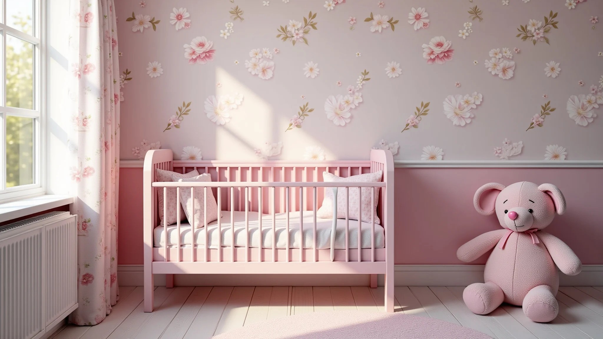 Quarto de bebê com tema floral, cores rosa e lilás, papel de parede floral.