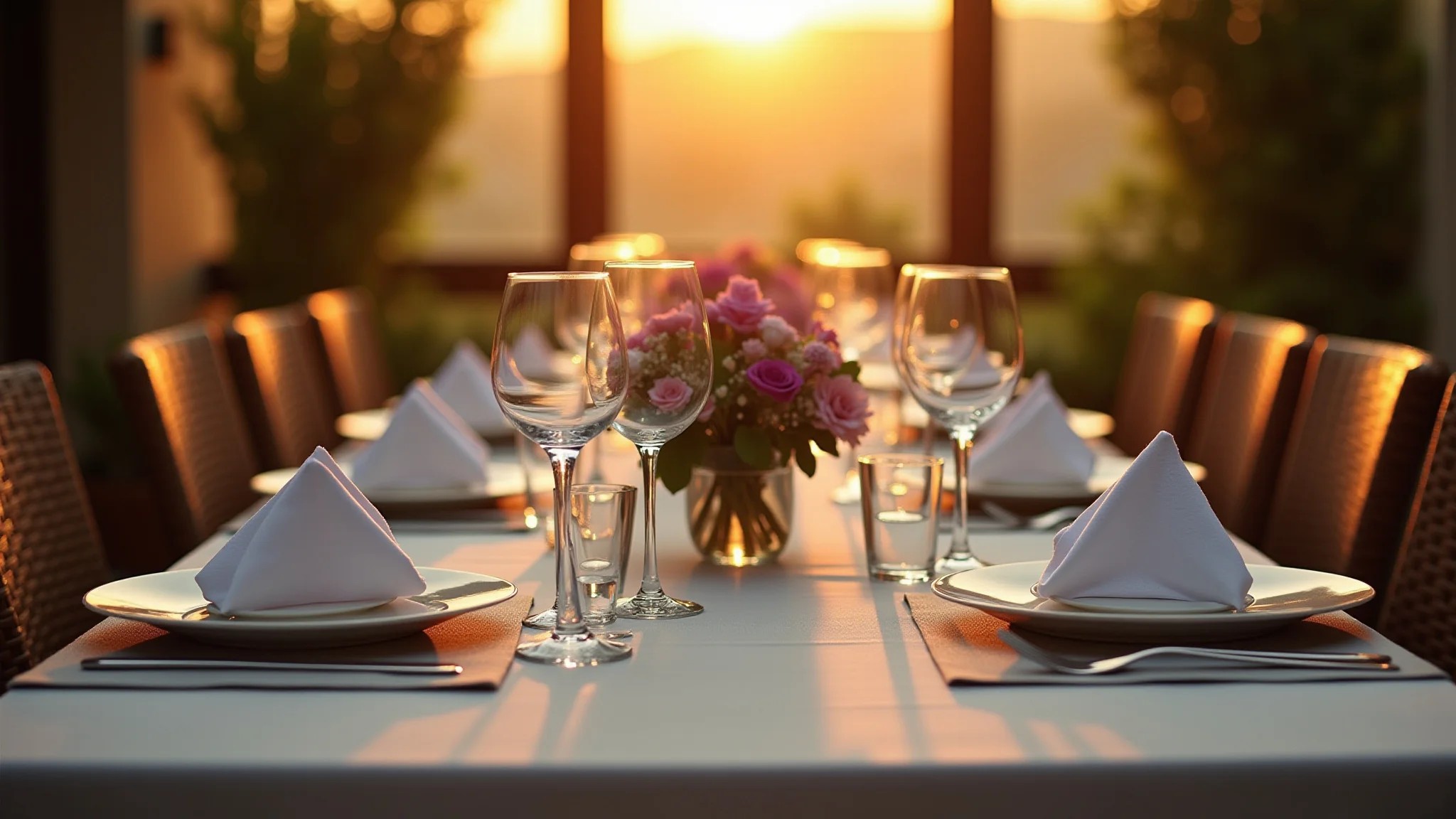 Mesa elegante para jantar formal de empresa com decoração sofisticada.
