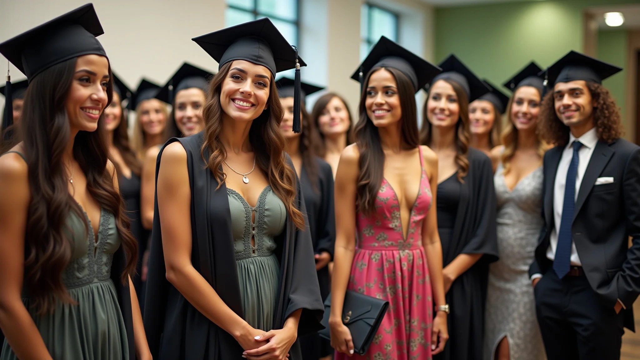Grupo diverso de mulheres em vestidos em festa de formatura formal.
