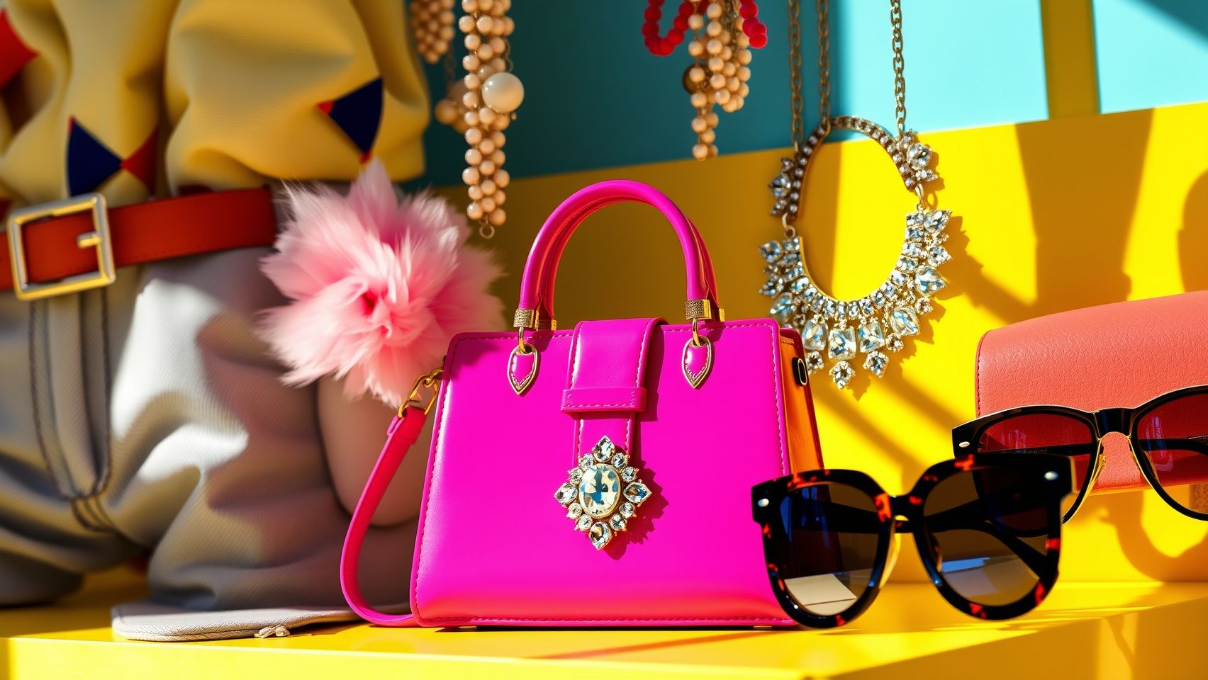 Acessórios em alta na moda primavera verão 2026: Cintos, bolsas coloridas e bijoux para um look moderno.