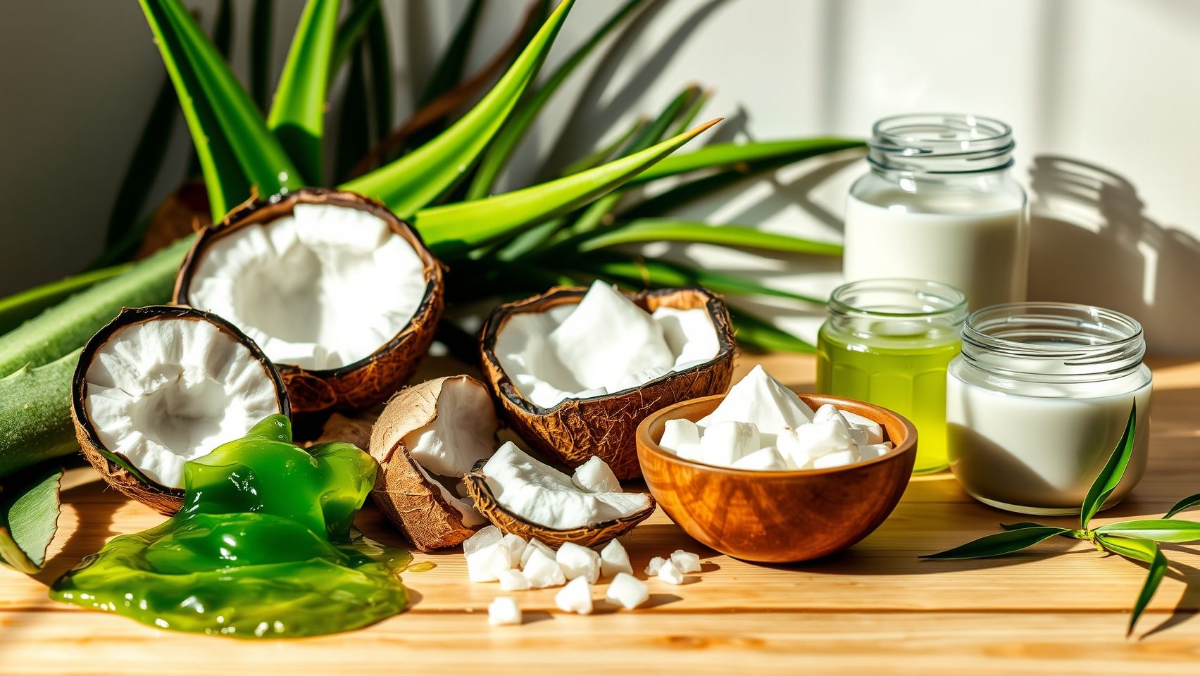 Ingredientes naturais para leave-in caseiro: aloe vera, óleo de coco, vinagre de maçã, manteiga de karité e chá verde