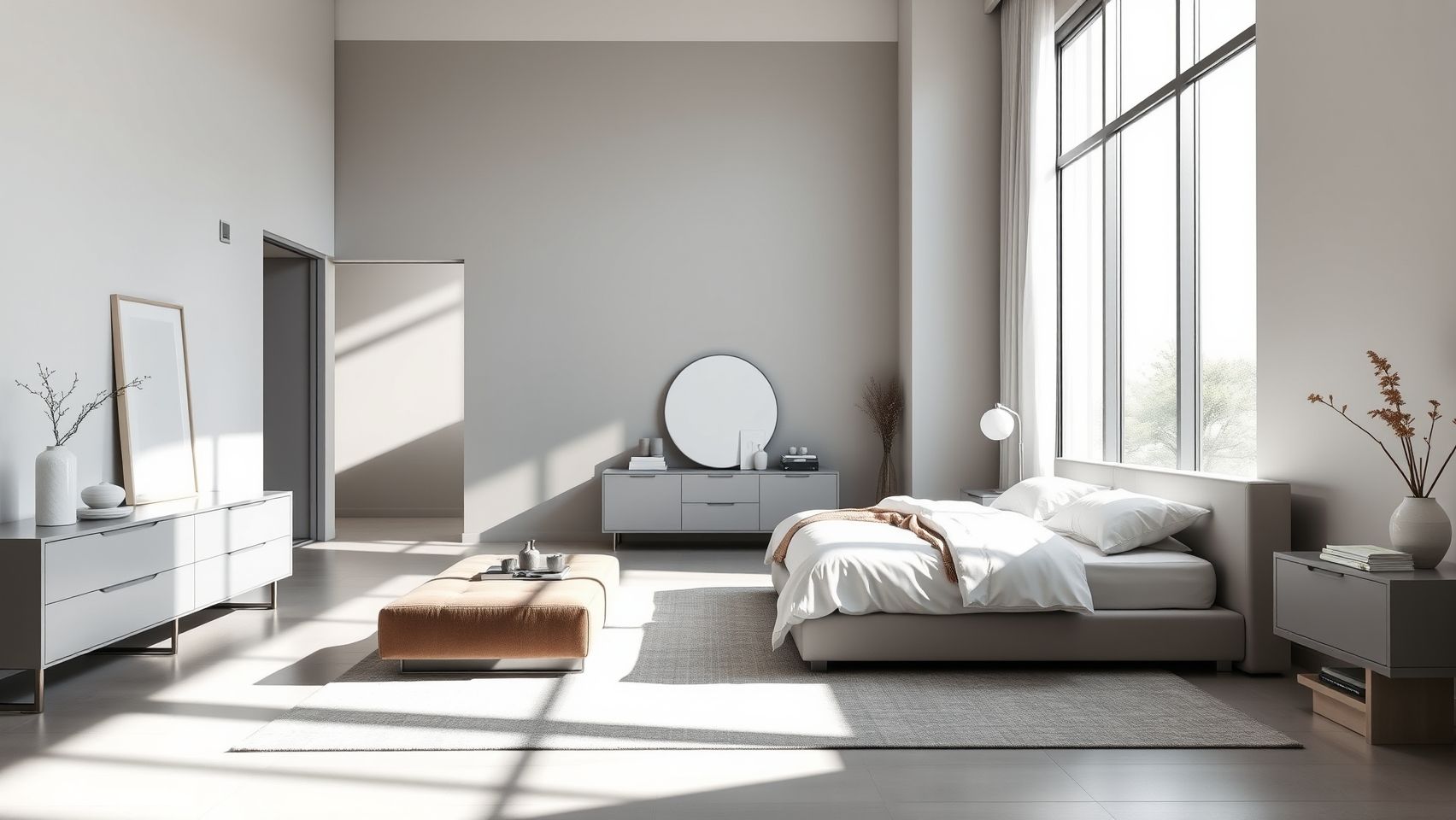 Quarto masculino moderno e minimalista em tons de cinza e branco: inspiração para decoração de quartos masculinos.