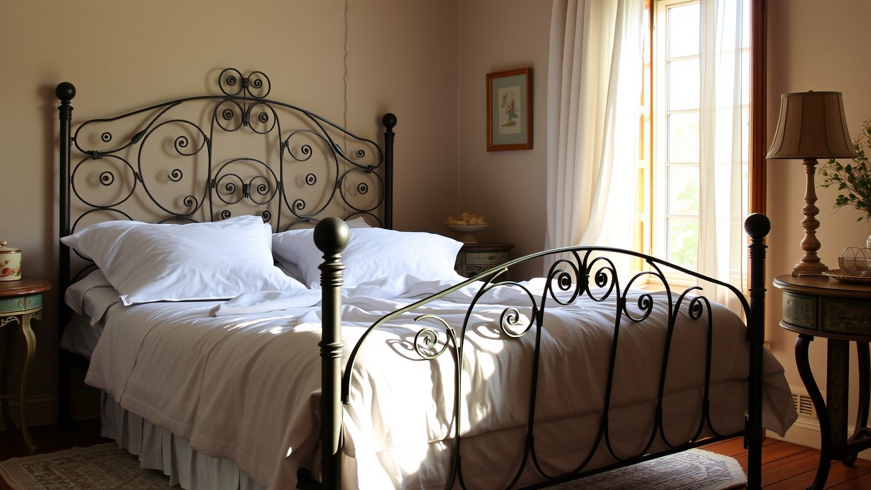 Quarto provençal com cama de ferro, roupa de cama de linho e decoração romântica. Almofada 'Bons Sonhos' em português.