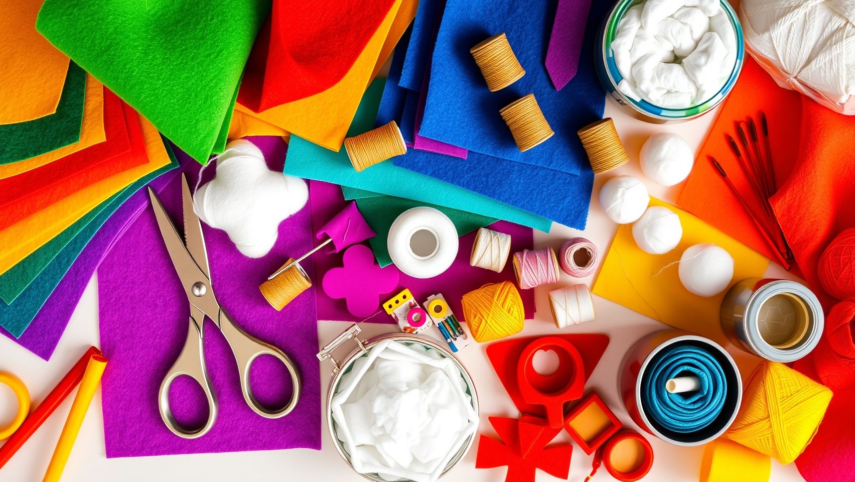 Materiais para artesanato em feltro: feltros coloridos, agulha, linha e acessórios.