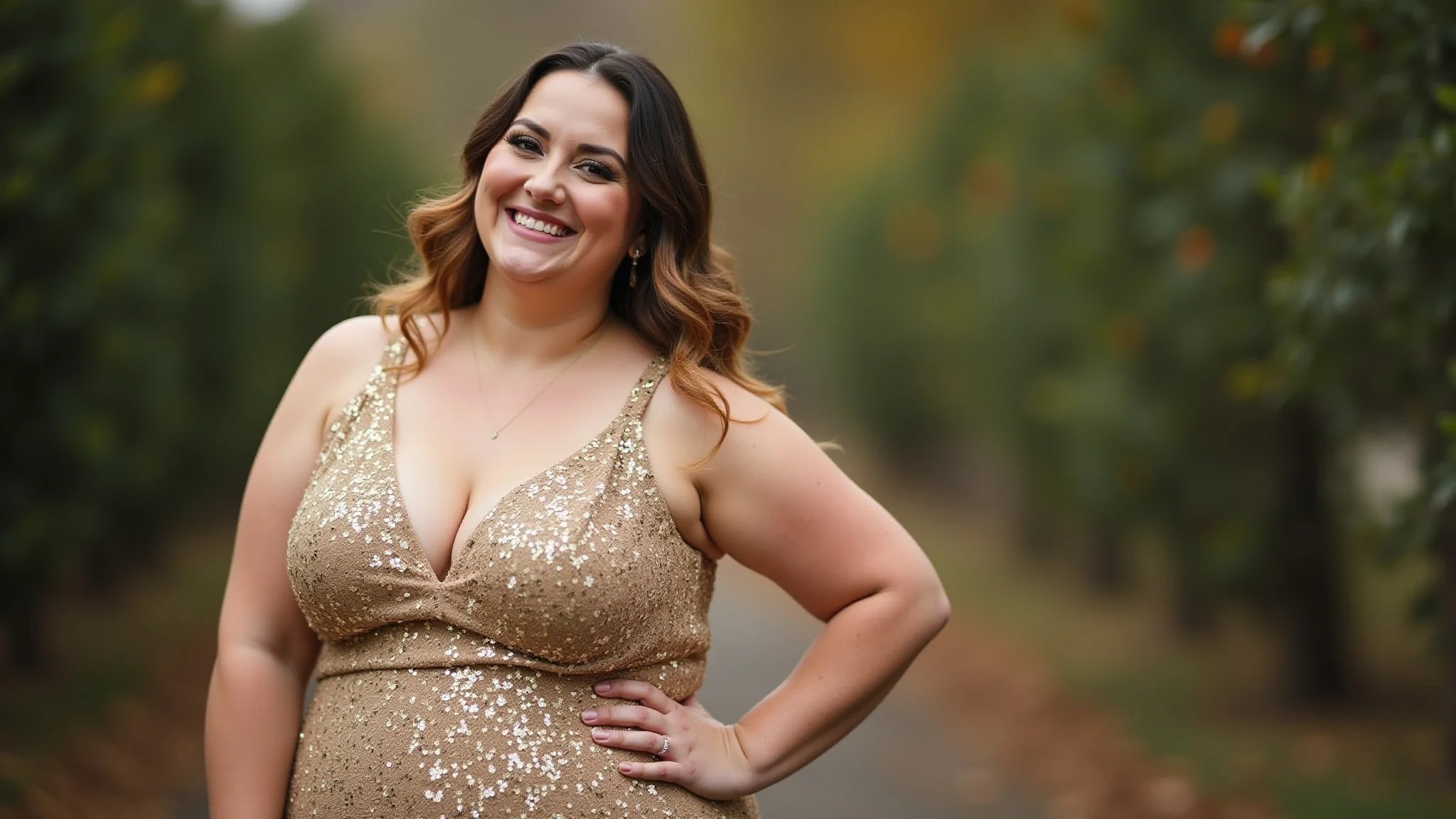 Mulher plus-size confiante usando vestido de paetê dourado em casamento.