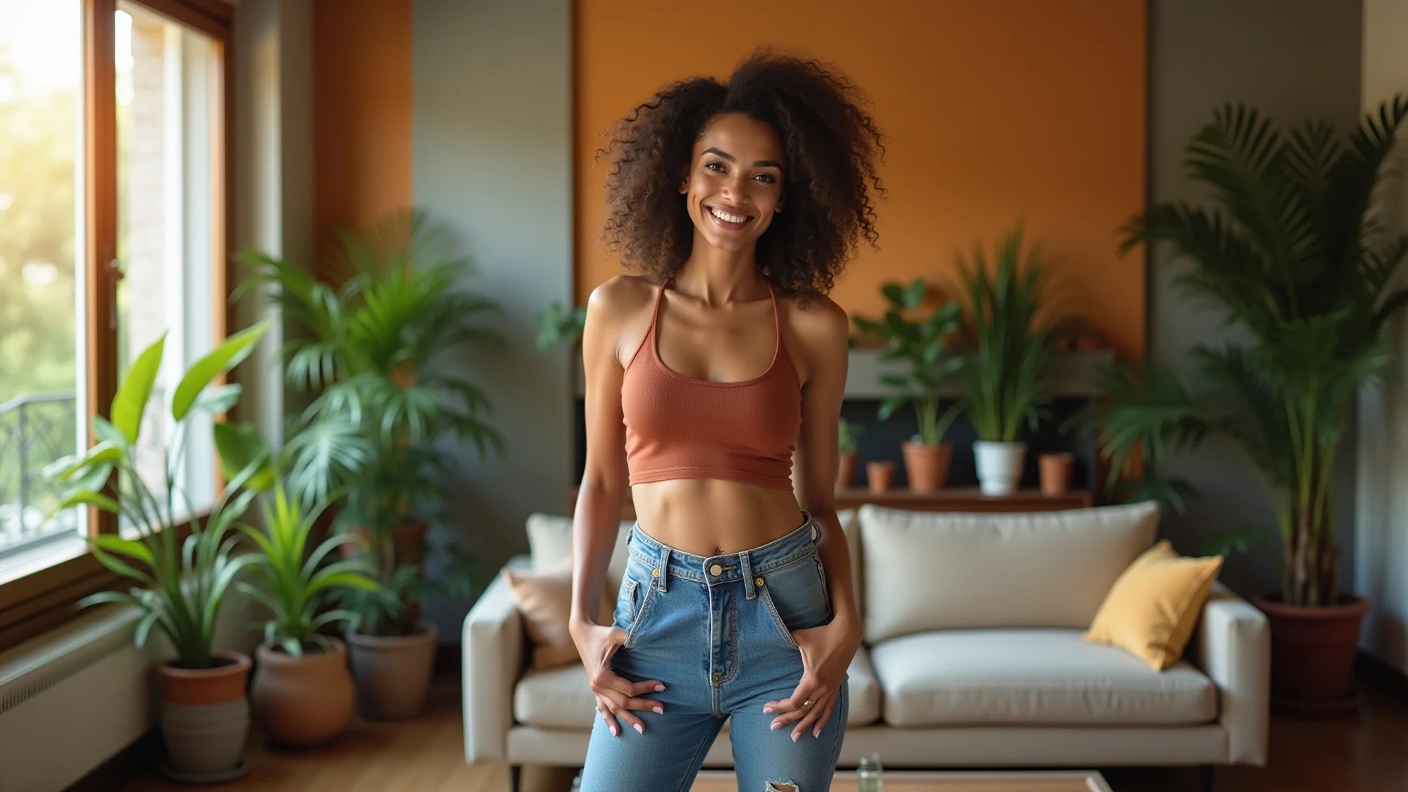 Mulher brasileira estilosa com jeans de cintura alta e cropped, em sala vibrante.