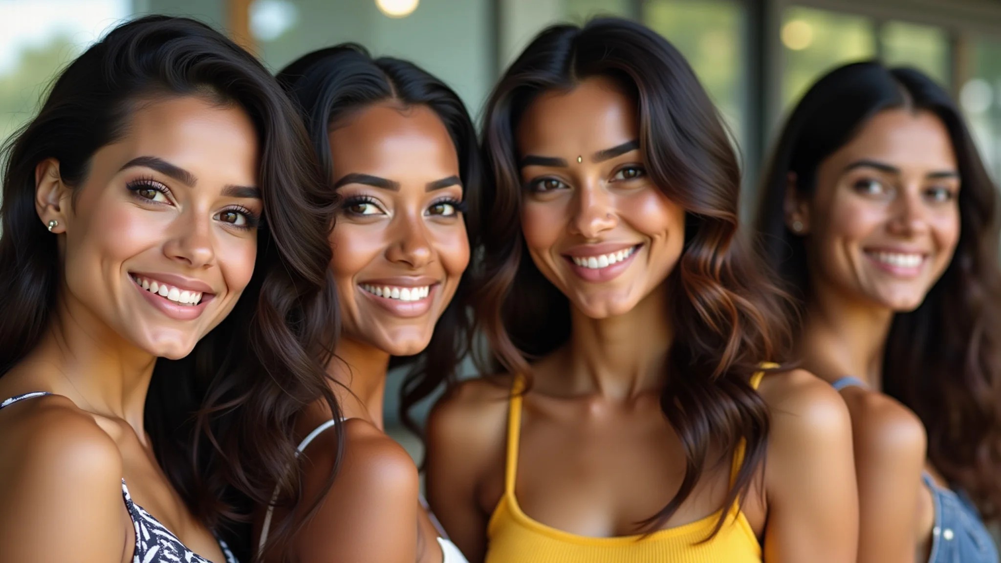 Grupo de formandas brasileiras diversas celebrando, mostrando diferentes estilos de maquiagem.