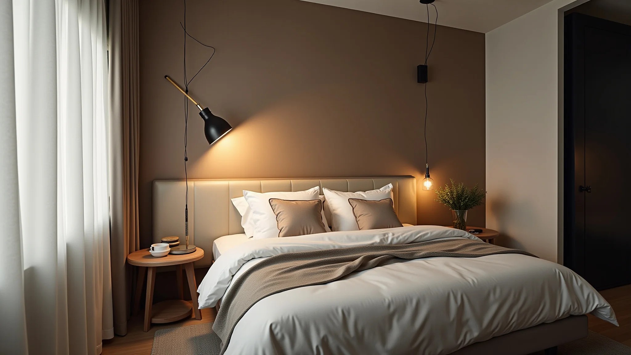 Quarto funcional com pendente articulada, iluminação focada e design brasileiro.