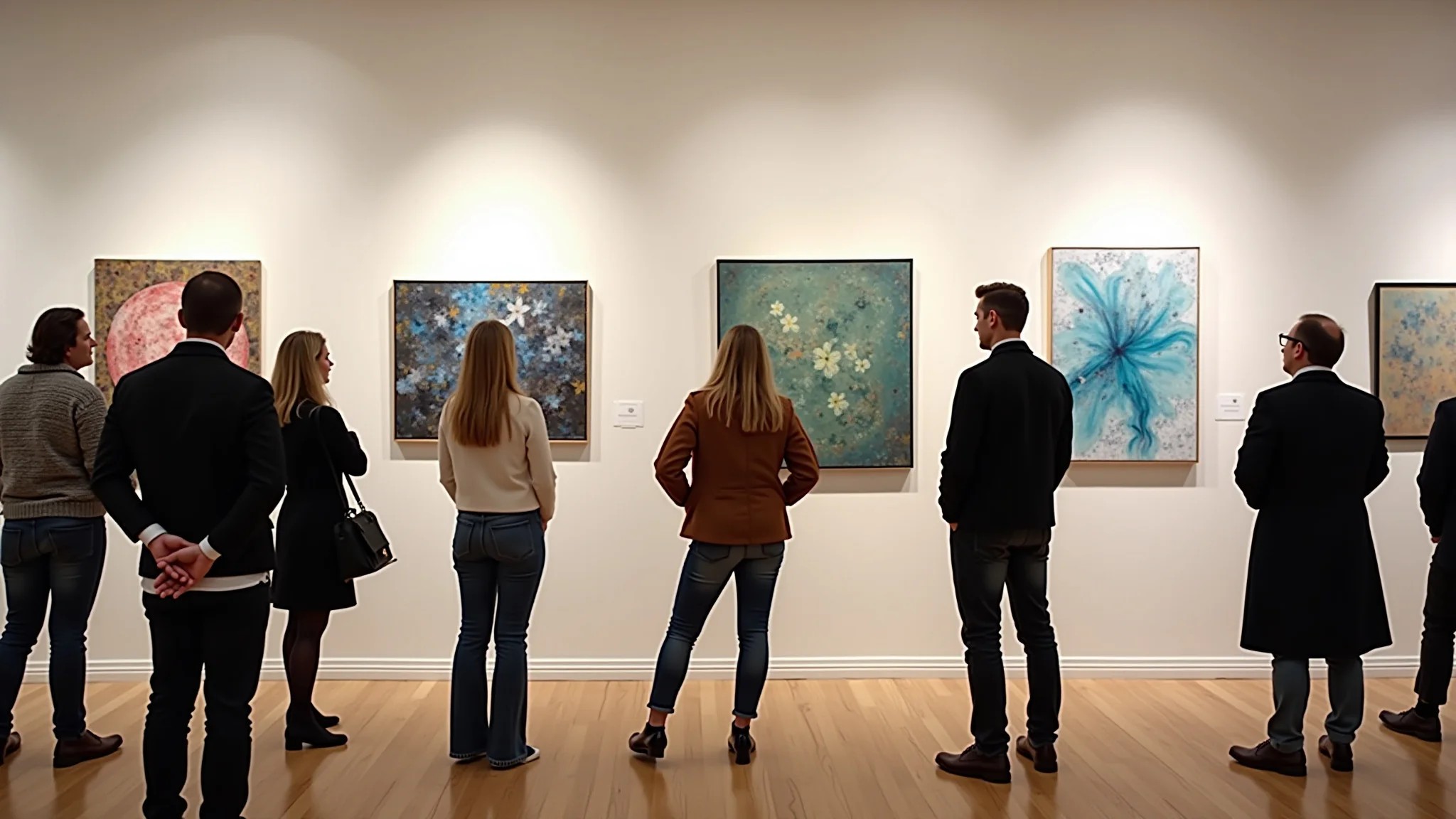 Galeria de arte com pinturas abstratas e pessoas admirando as obras.