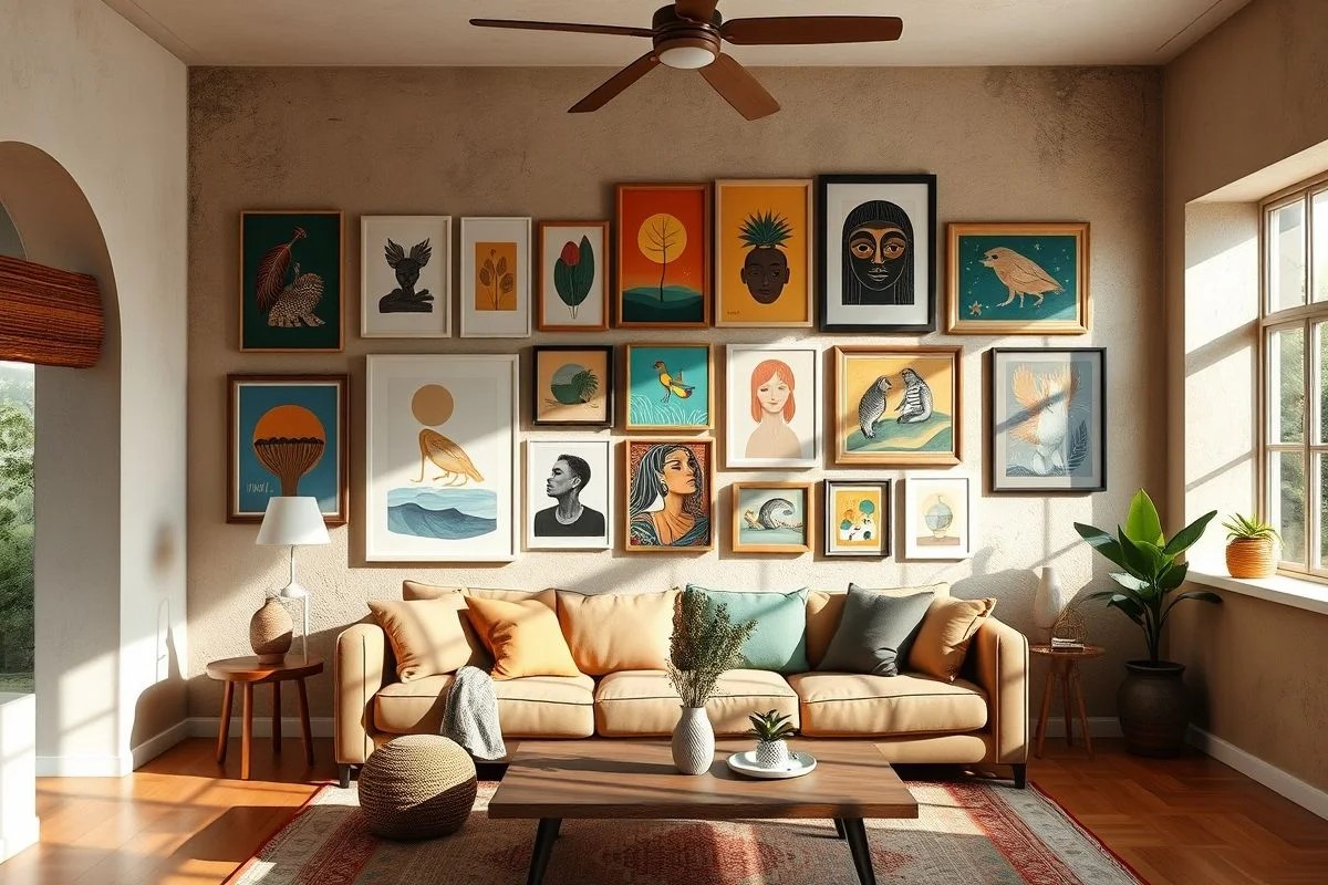 Parede de destaque com quadros diversos em sala pequena.