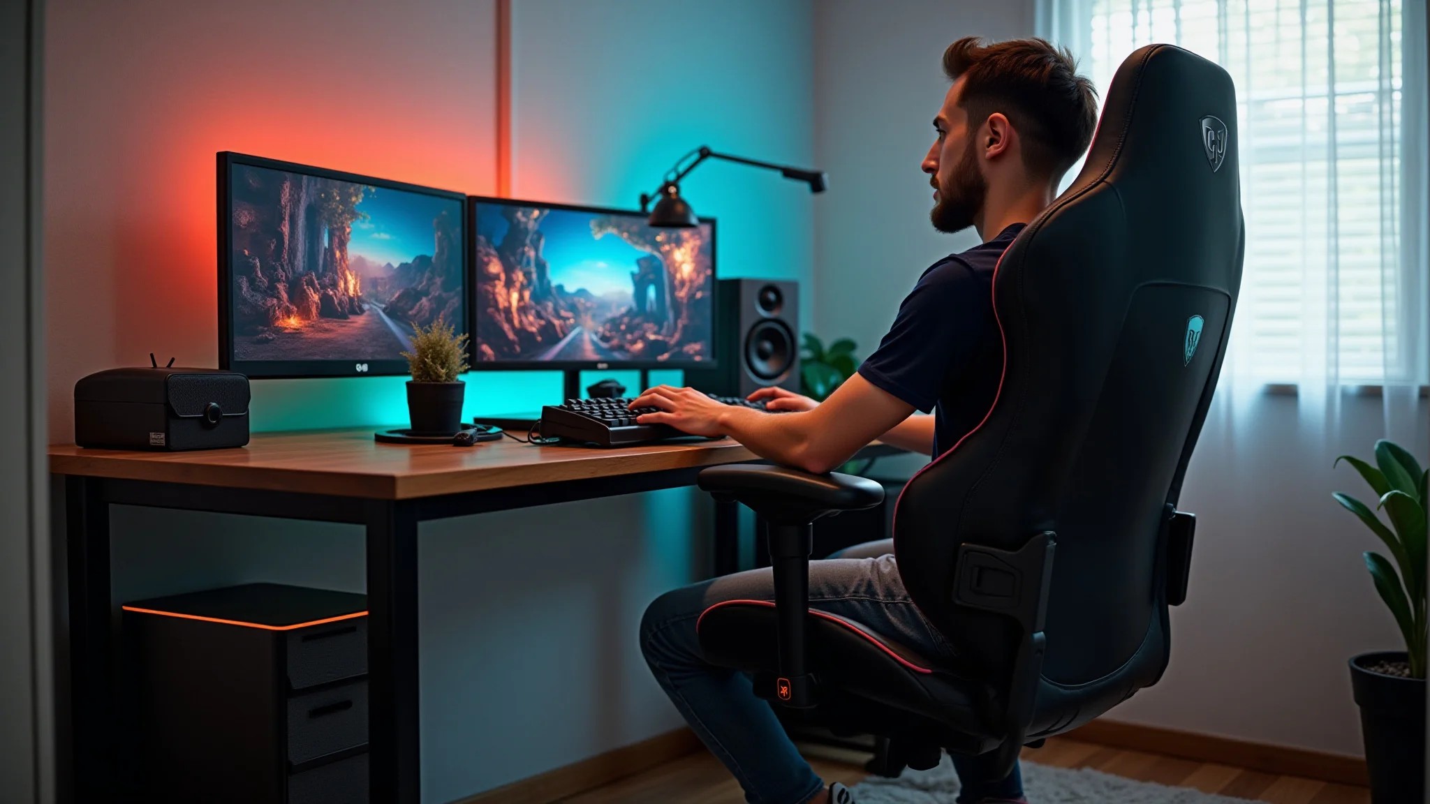 Mesa de canto gamer, setup ergonômico, cadeira gamer e múltiplos monitores em espaço confortável.