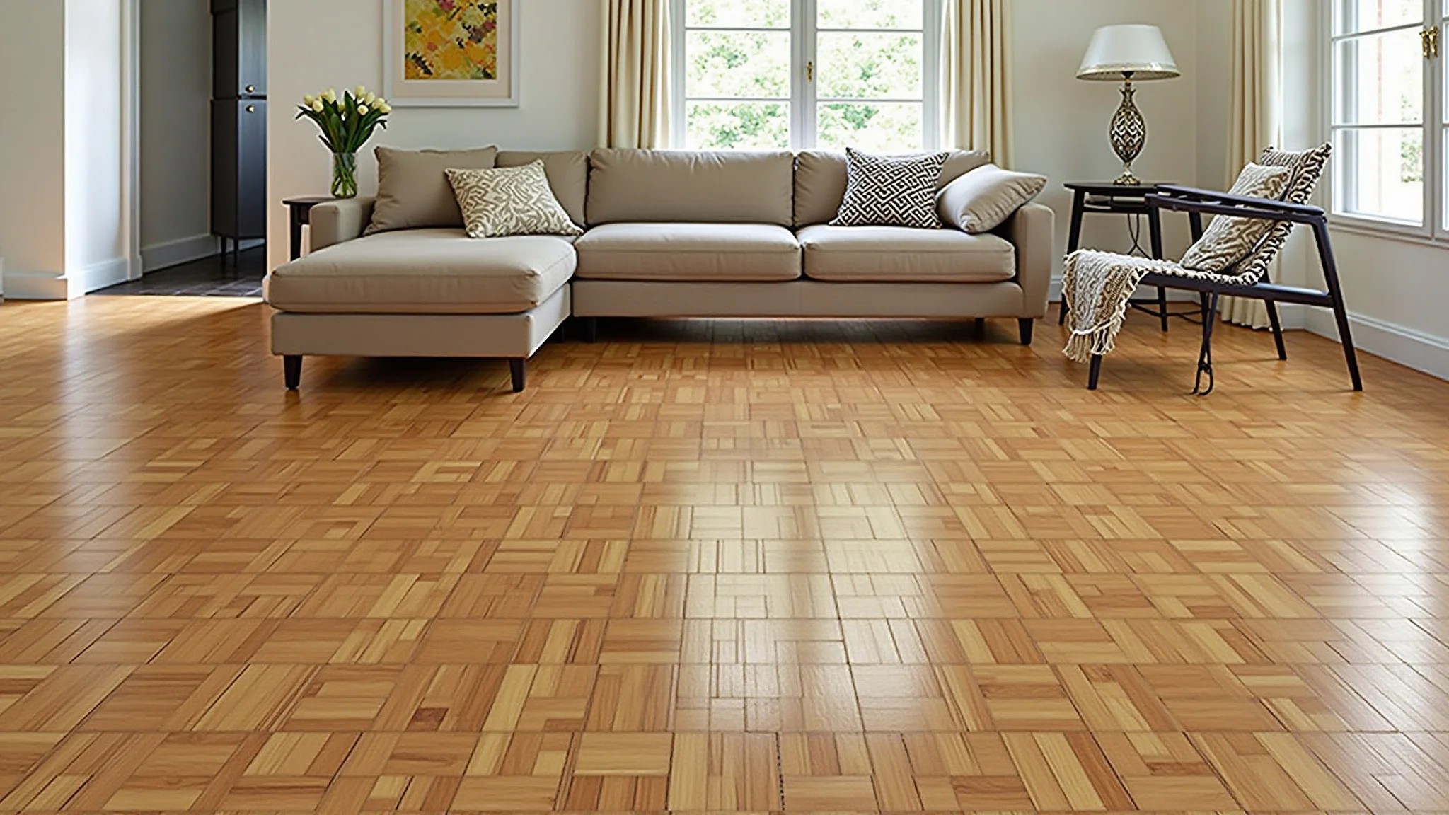 Piso de parquet de garapeira com padrão geométrico e móveis modernos de meados do século.