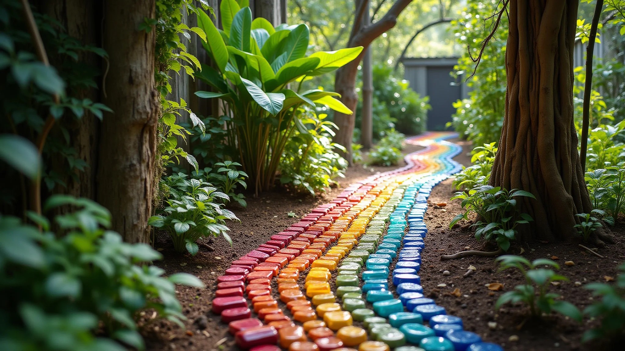 Caminho de jardim feito de garrafas de vidro coloridas, criando um efeito de mosaico em um jardim brasileiro.