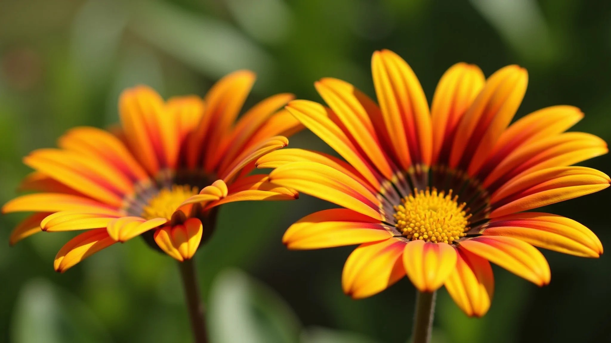 Flores de Gazânia florescendo em um jardim ensolarado, cores vibrantes laranja e amarelo.