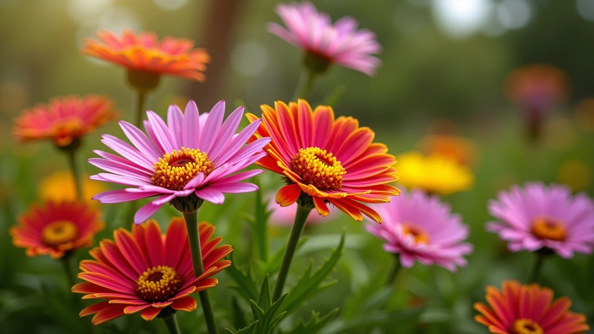 Flores de gazânia em plena floração, exibindo cores vibrantes sob o sol.