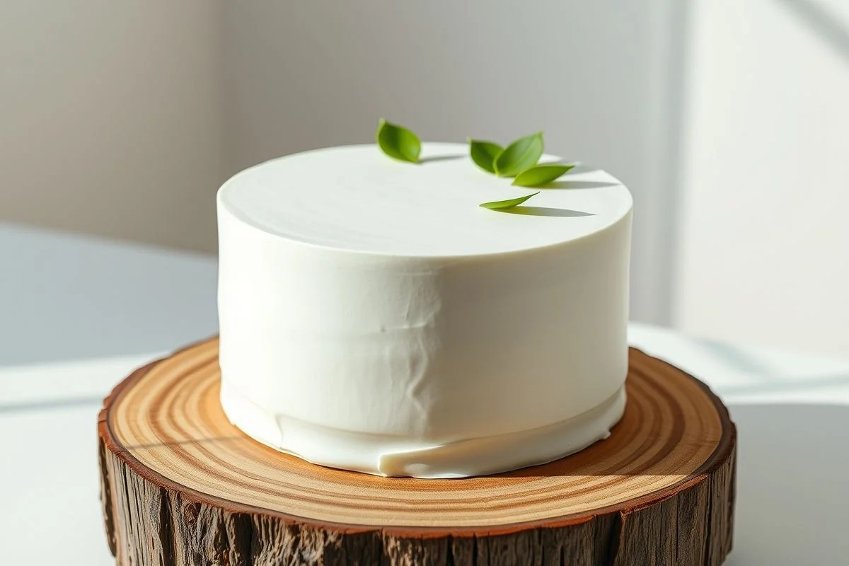 Bolo de aniversário minimalista com tema geométrico e cobertura branca.