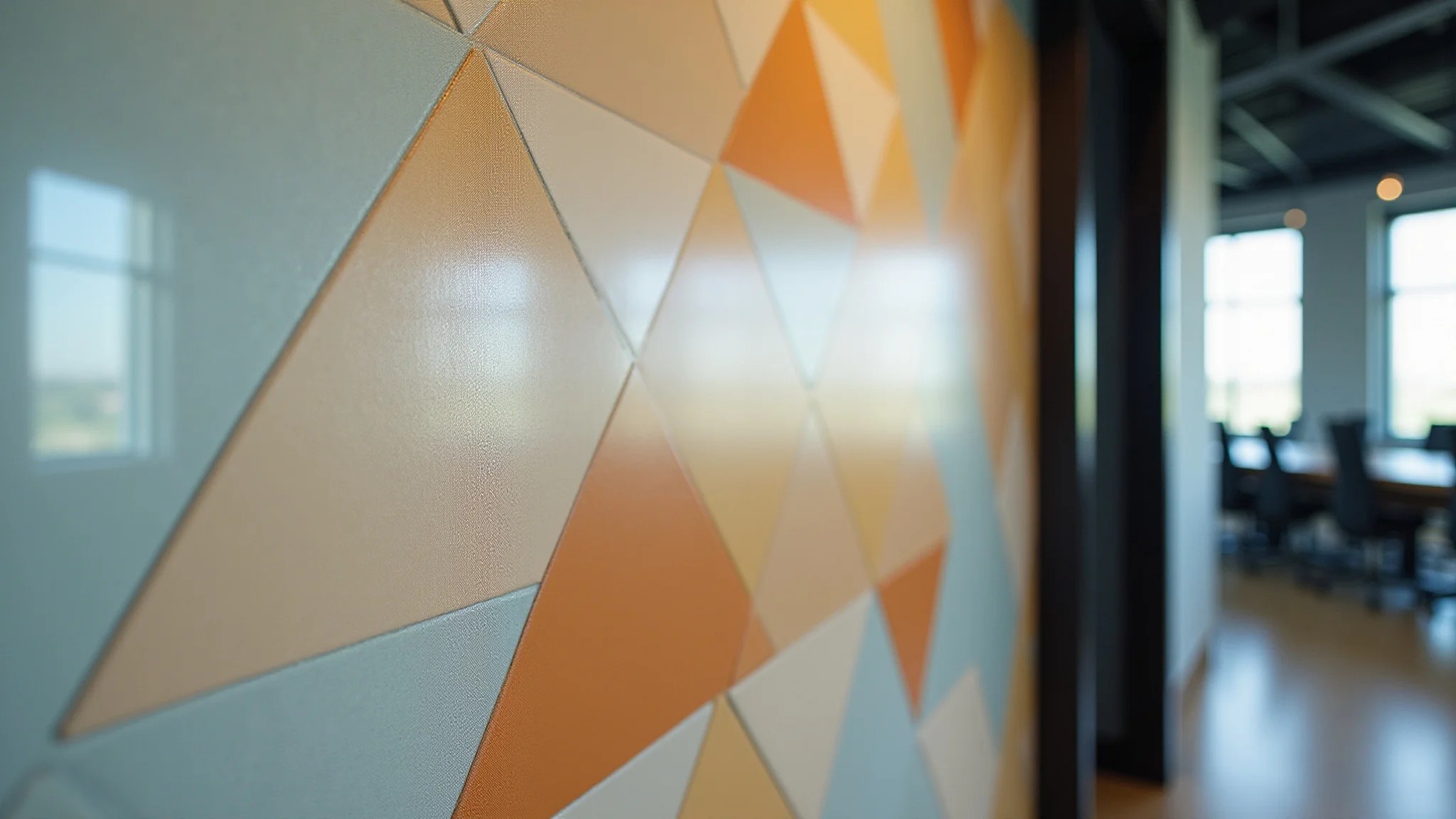 Papel de parede geométrico em escritório moderno com decoração brasileira.