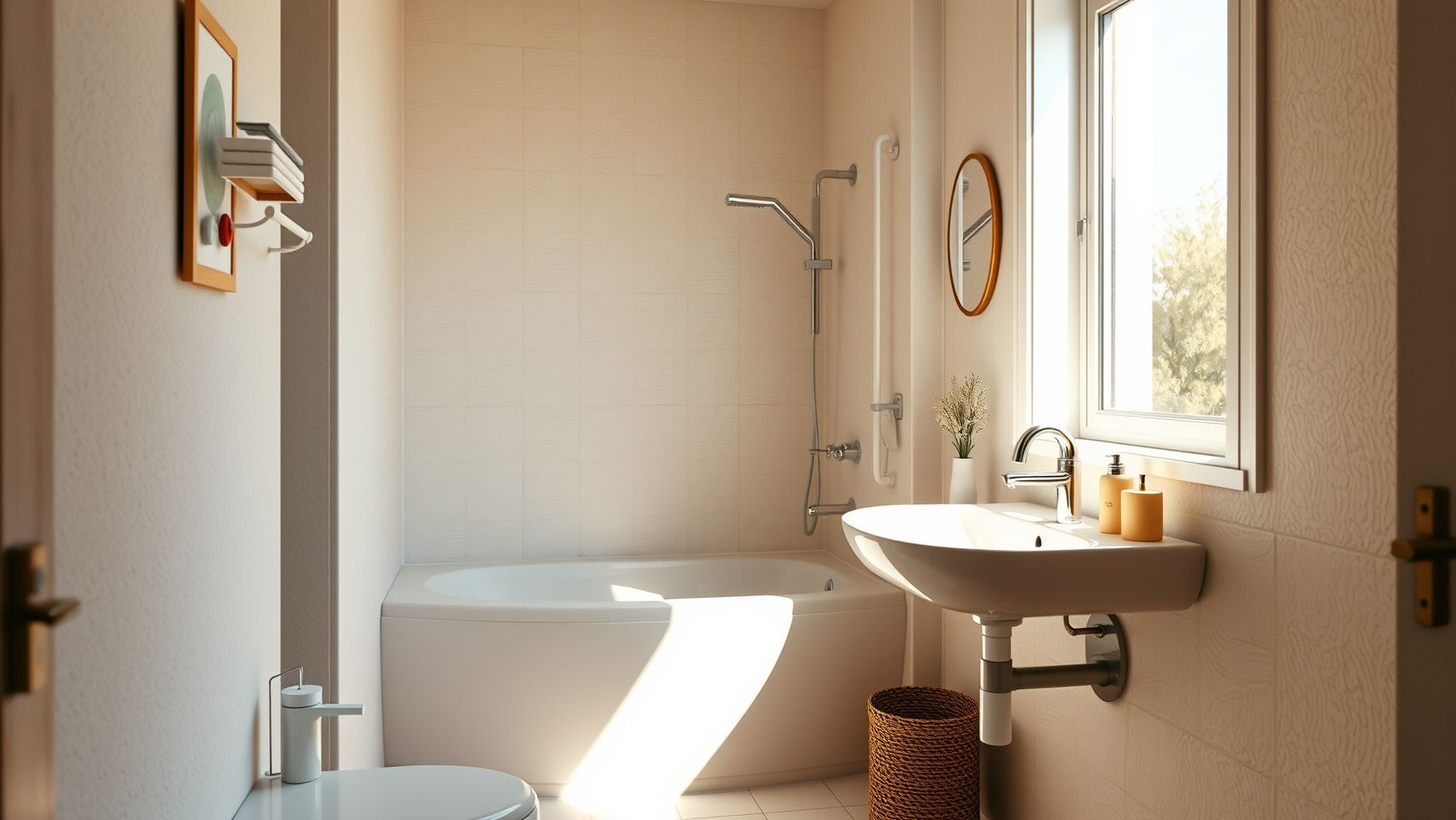 Banheiro pequeno decorado com cores claras e espelho grande para ampliar o espaço. Dicas de decoração para apartamentos pequenos.