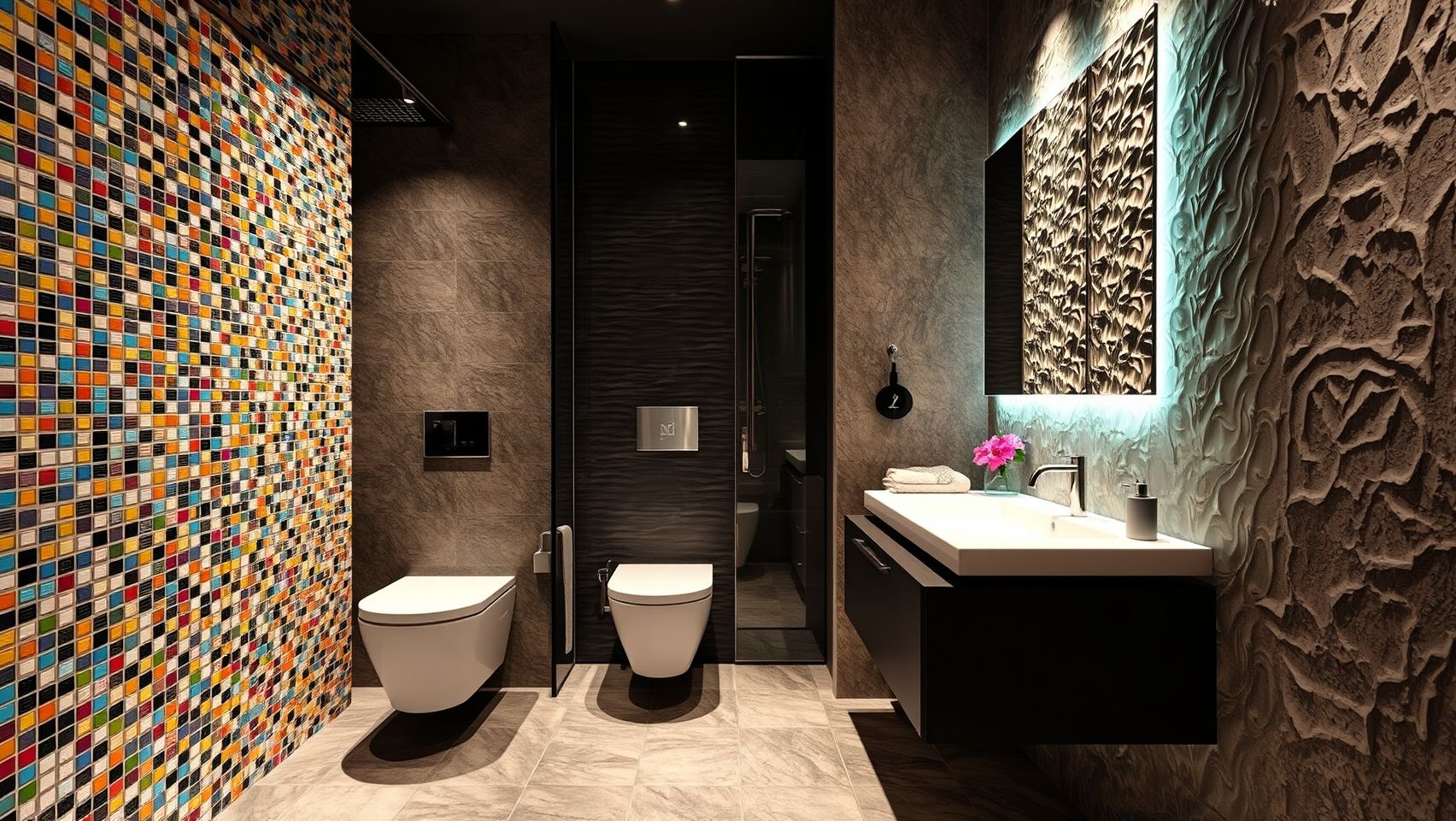 Revestimentos inteligentes para banheiro pequeno: pastilhas coloridas, revestimento 3D e porcelanato que imita madeira.