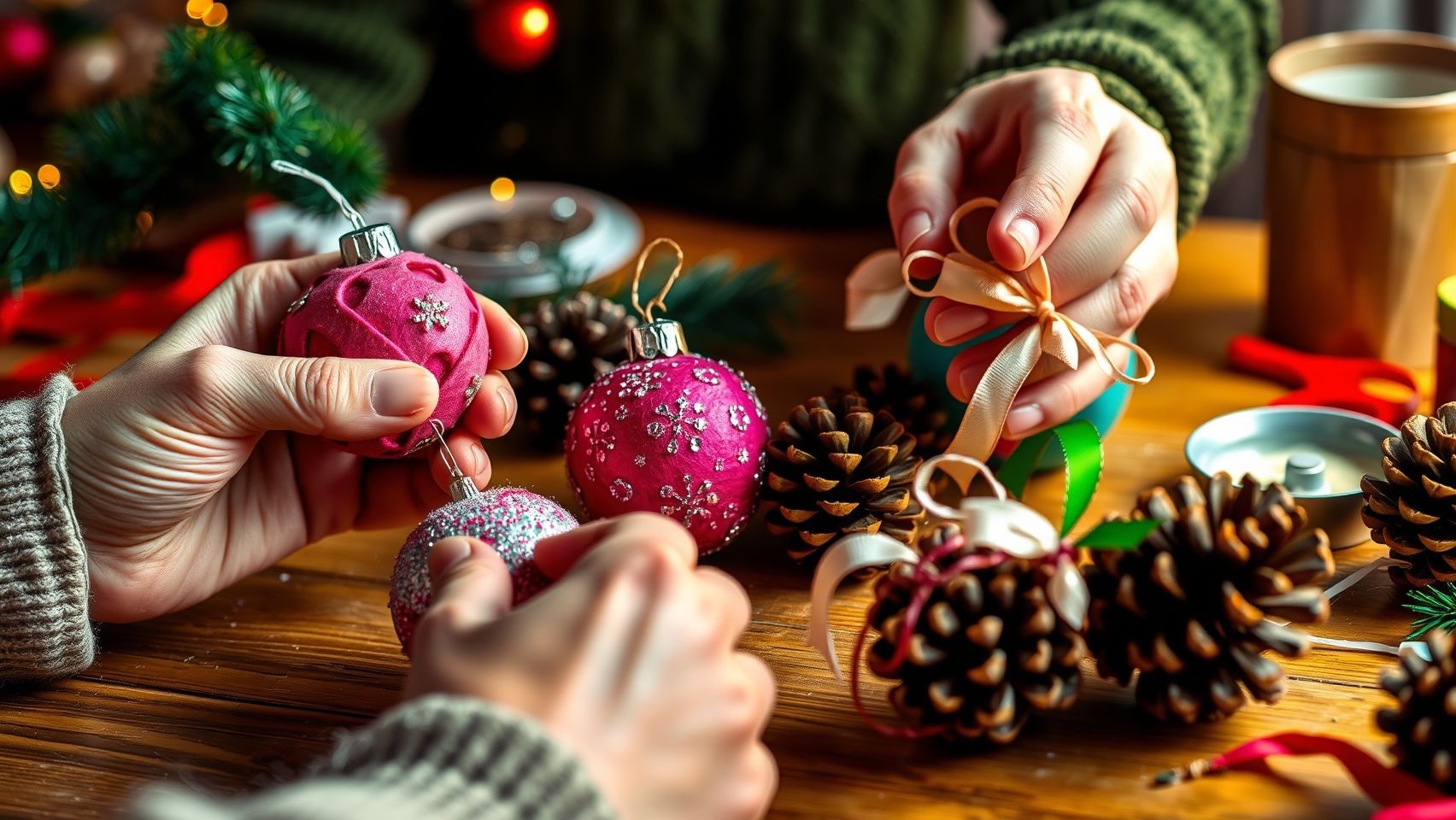 Enfeites de Natal DIY (Faça Você Mesmo) criados com feltro, glitter e pinhas. Decoração natalina artesanal e personalizada.