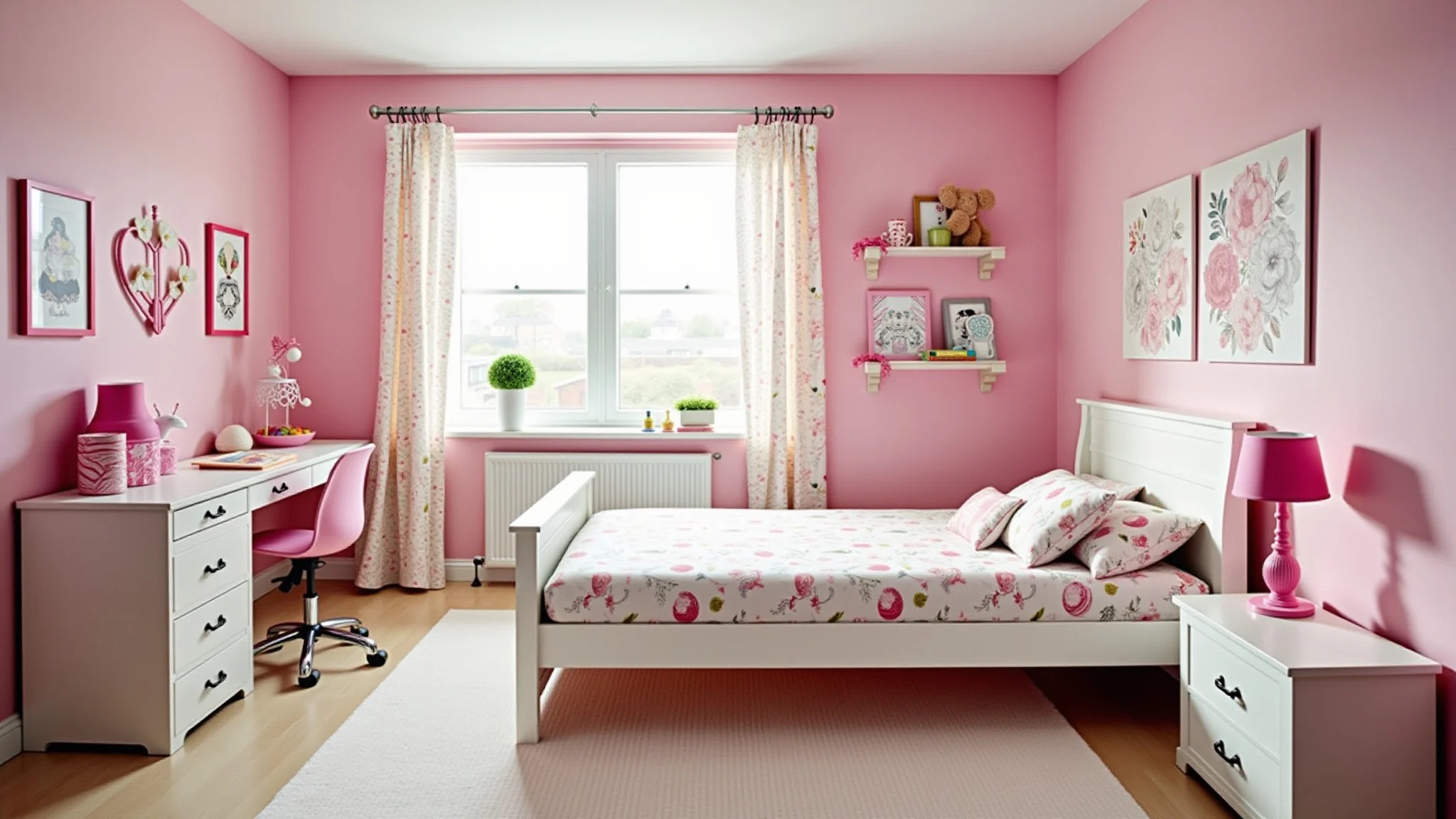 Quarto de adolescente girlie, decoração rosa e branca, acessórios fofos.
