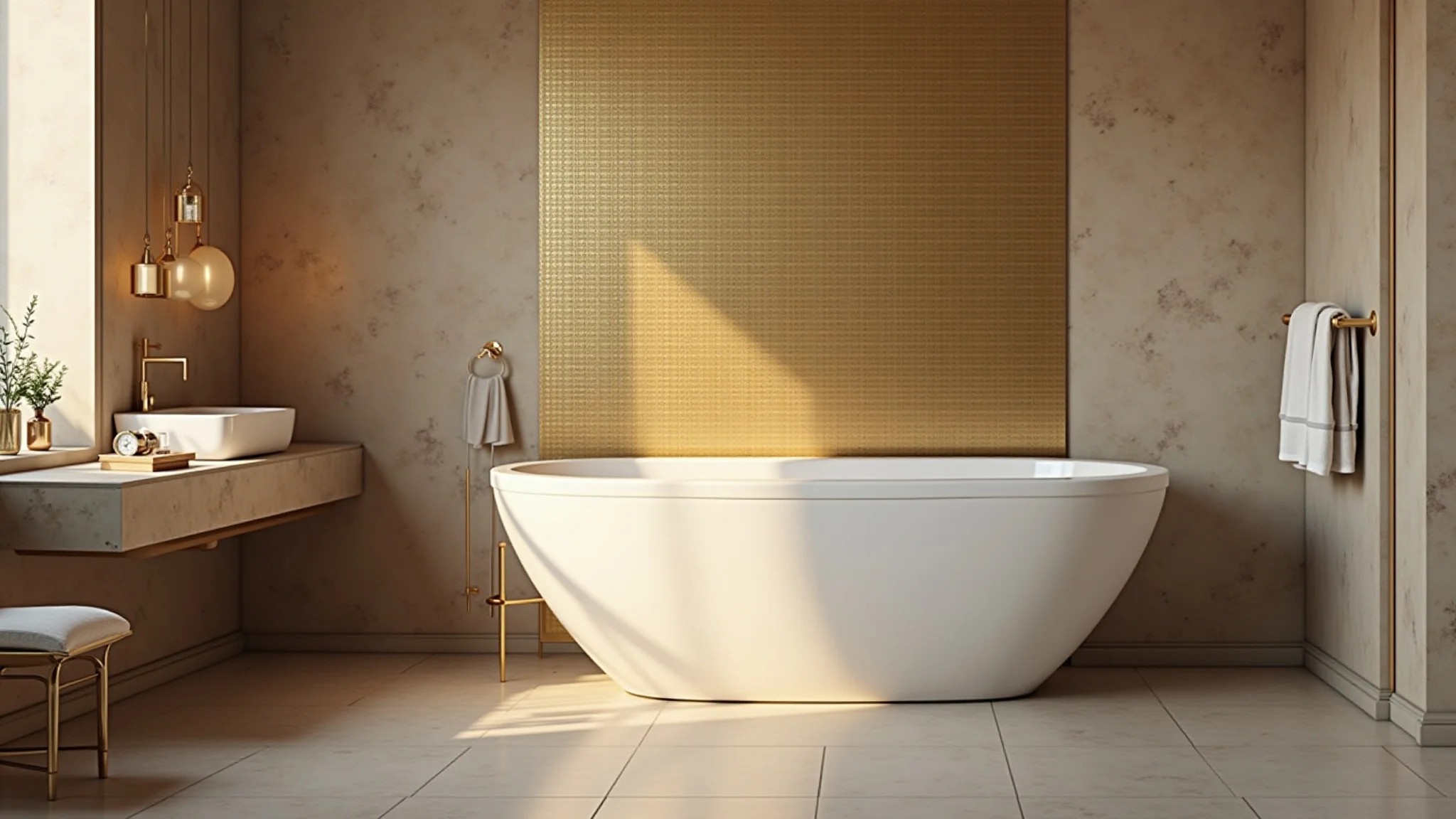 Banheiro glamouroso com detalhe metálico na parede e estilo luxuoso.