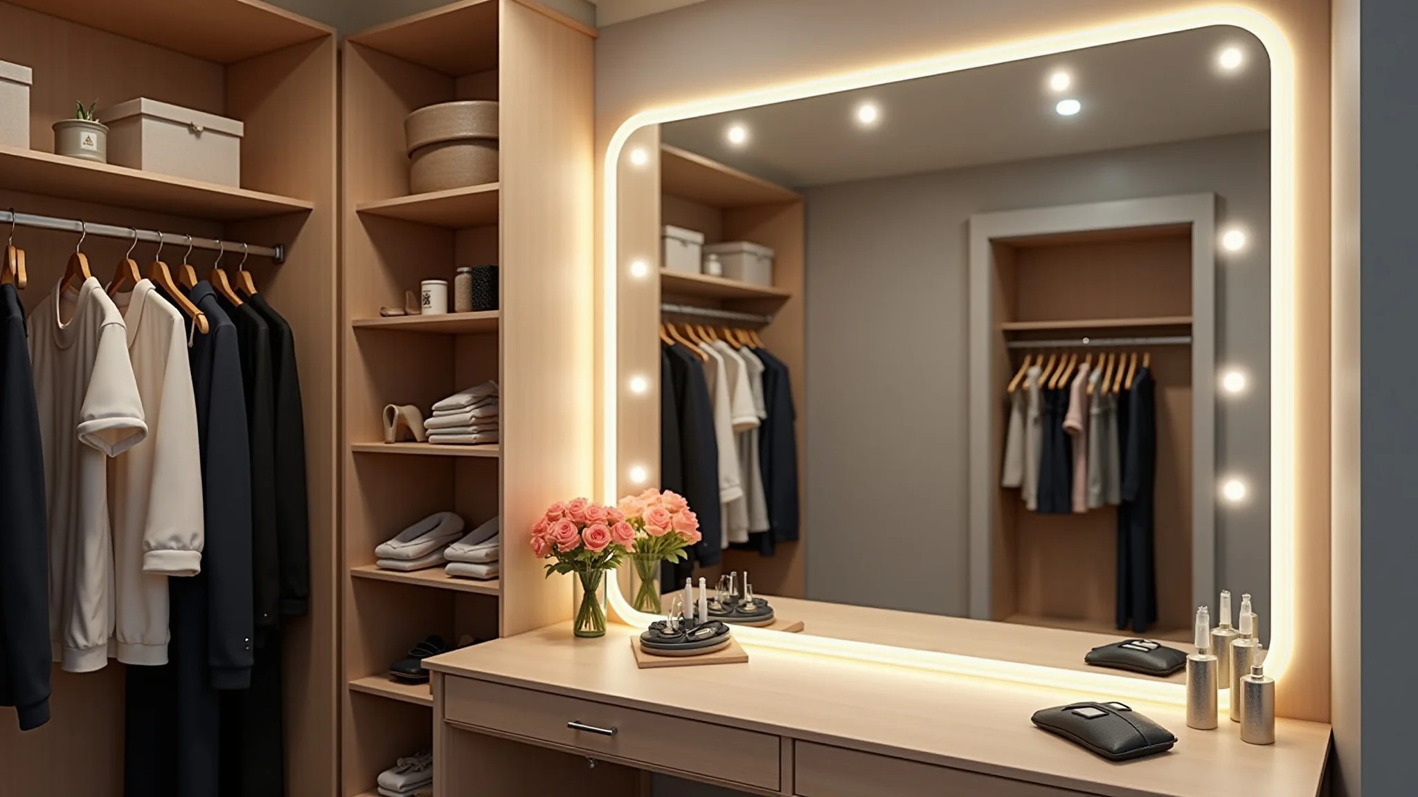 Camarim glamouroso com arara de roupas, espelho com luzes e acessórios organizados.
