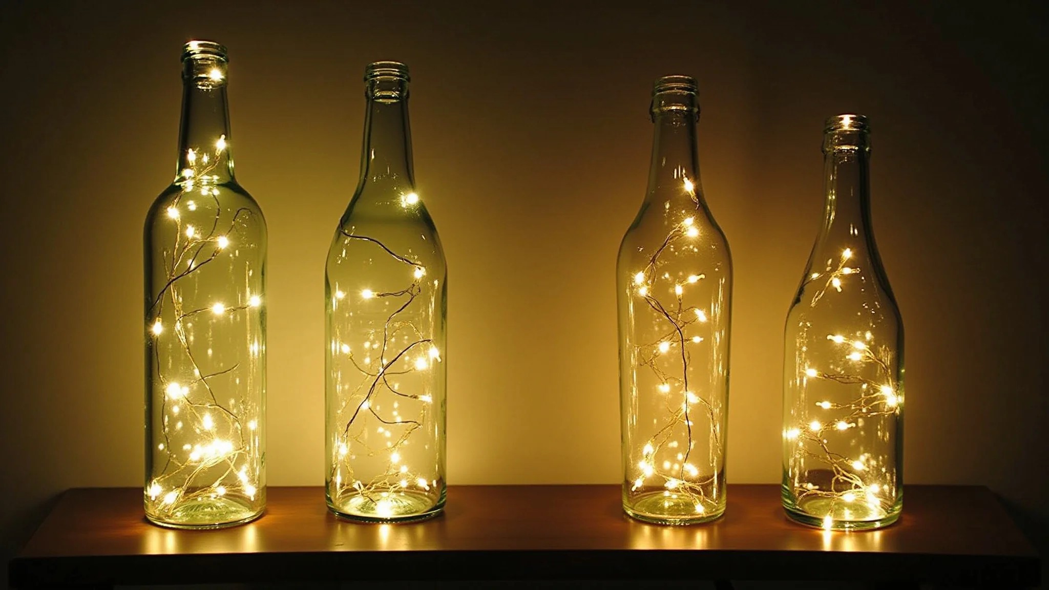 Garrafas de vidro preenchidas com pisca pisca, criando luminárias únicas.