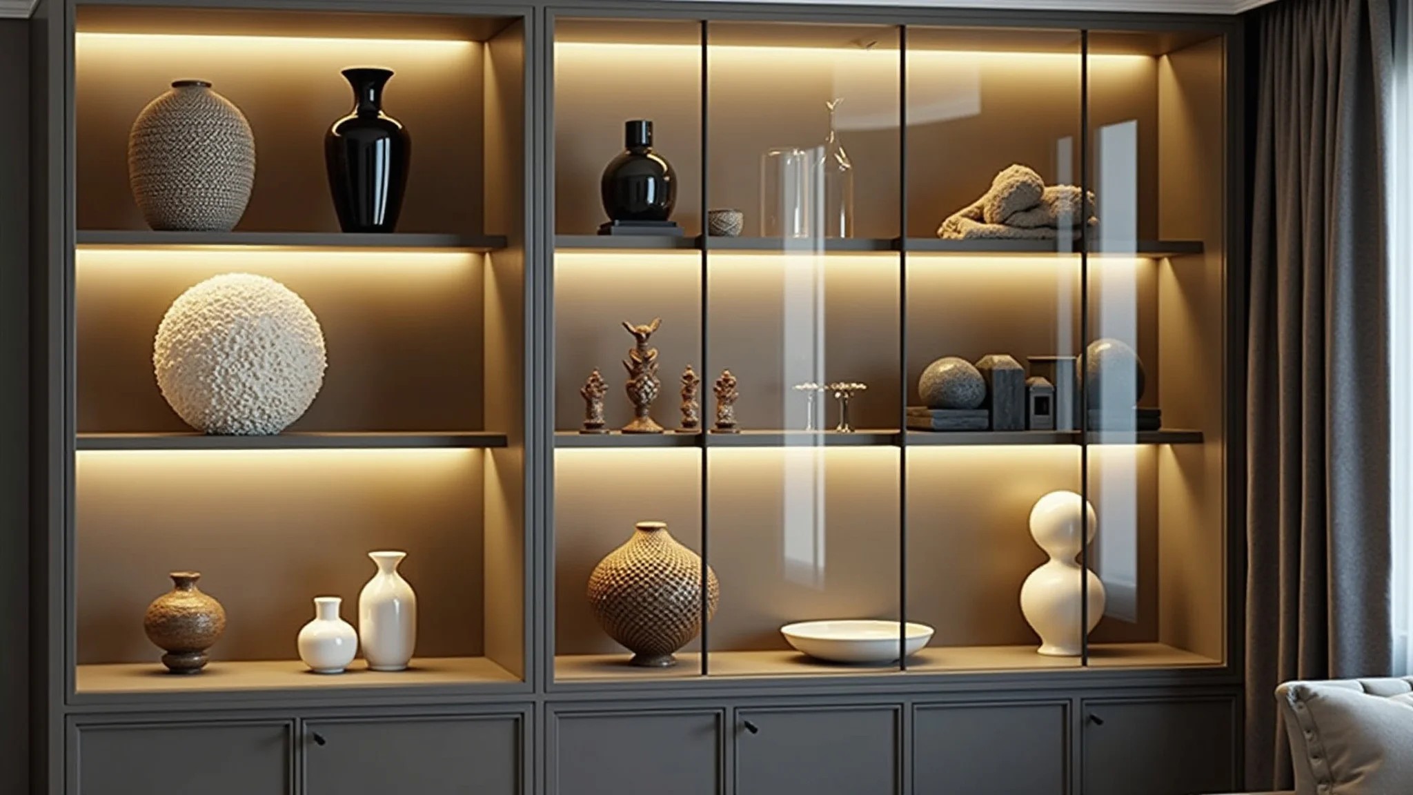 Cristaleira de vidro com iluminação LED destacando objetos decorativos em sala moderna.