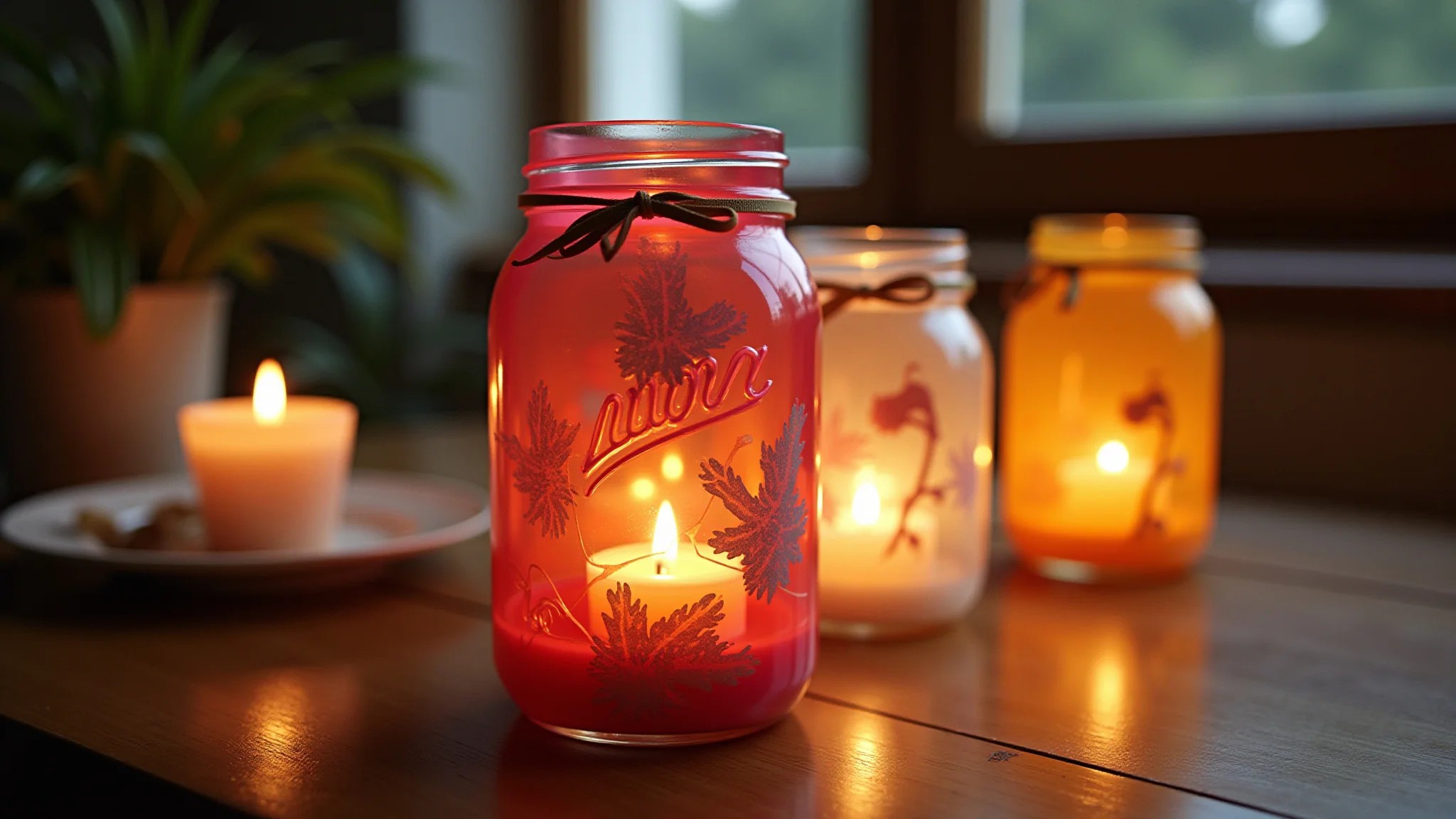Luminárias de potes de vidro decorados, luzes de Natal aconchegantes.