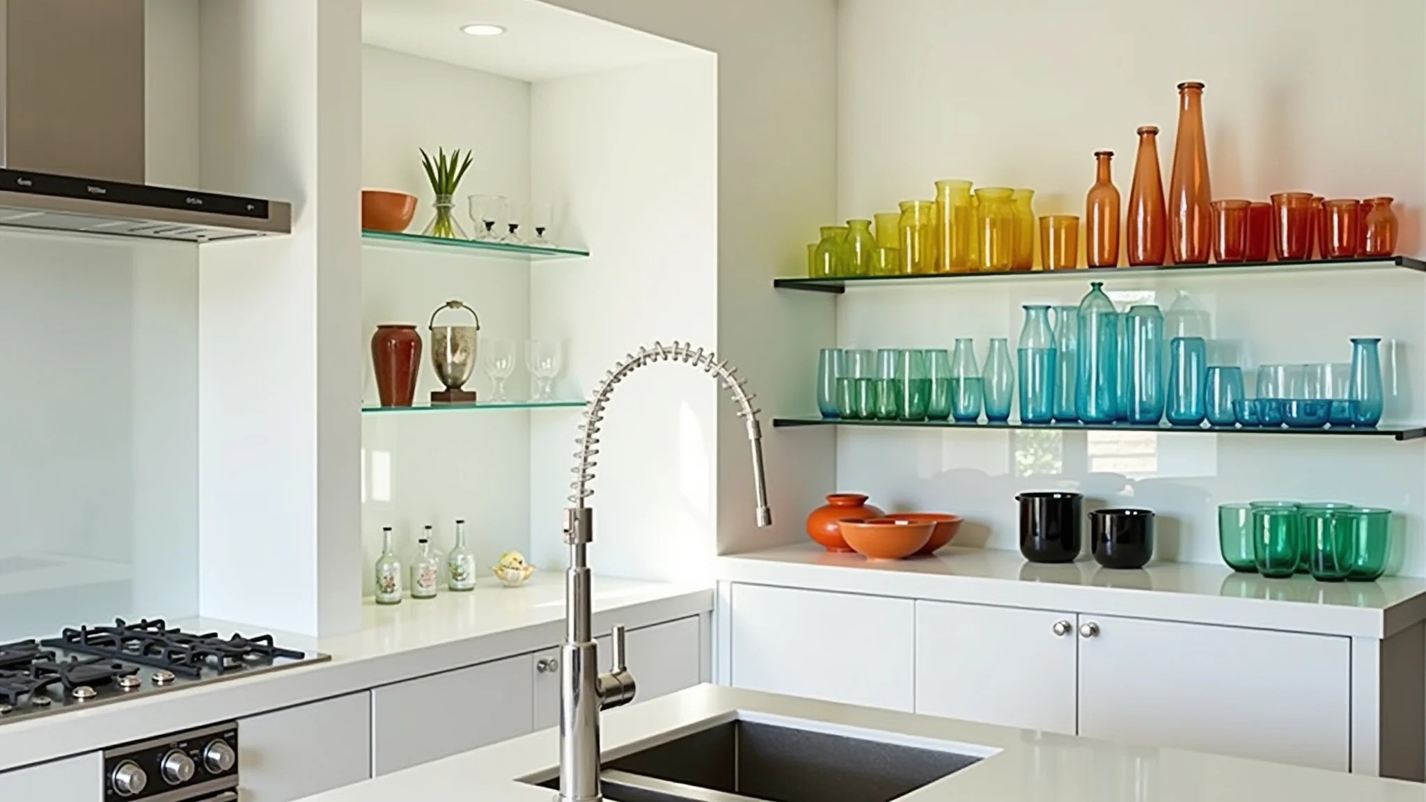 Prateleiras de vidro exibindo cristais coloridos em cozinha arejada, design minimalista.
