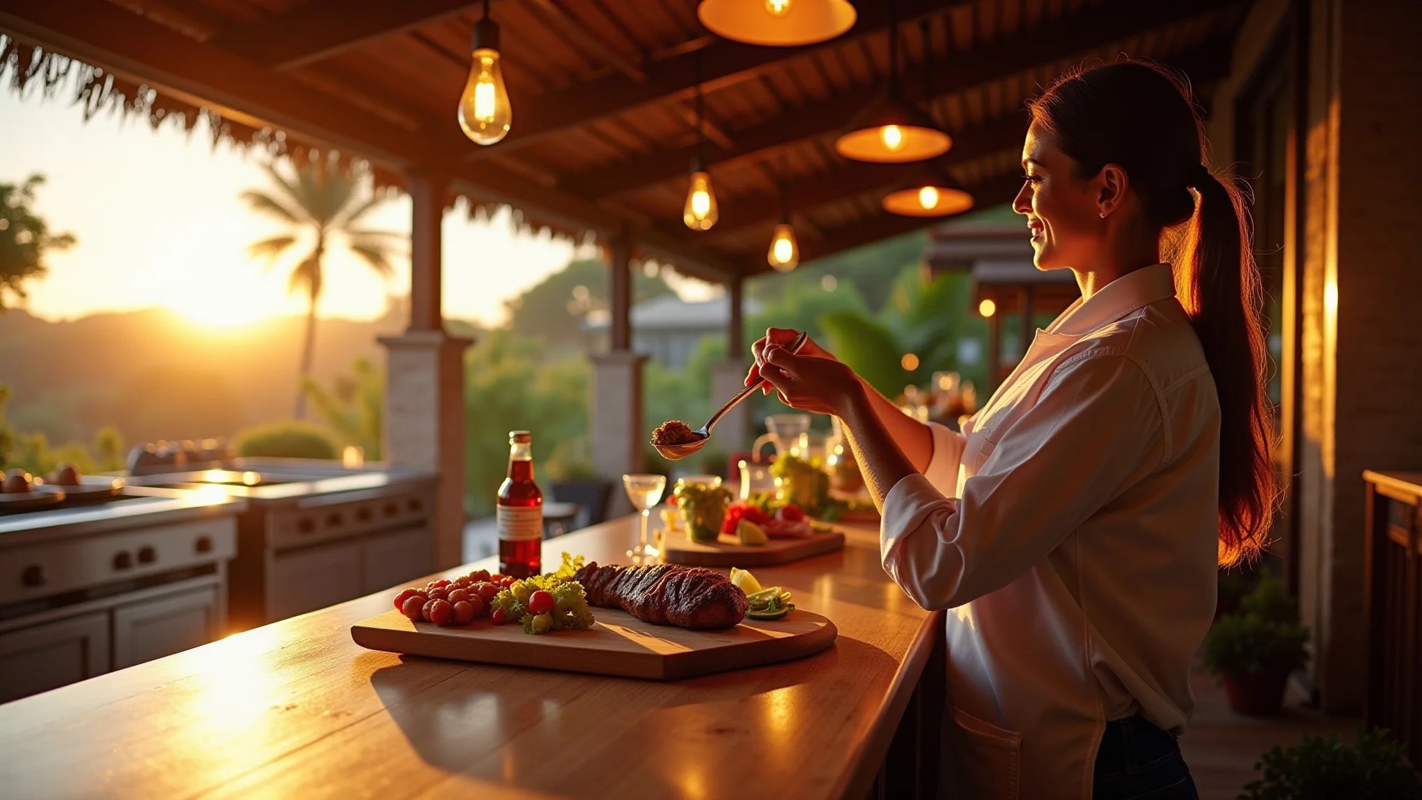 Cozinha gourmet integrada à churrasqueira, luz dourada suave e ambiente festivo brasileiro.