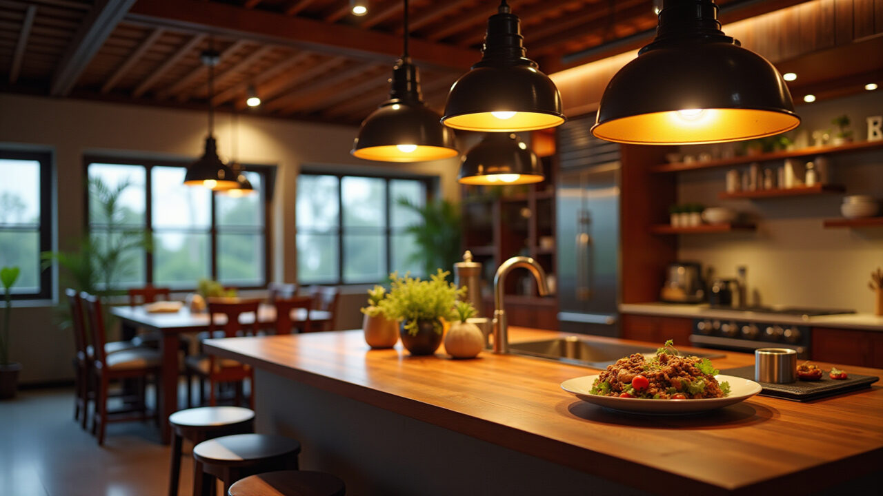 Iluminação estratégica em cozinha gourmet.