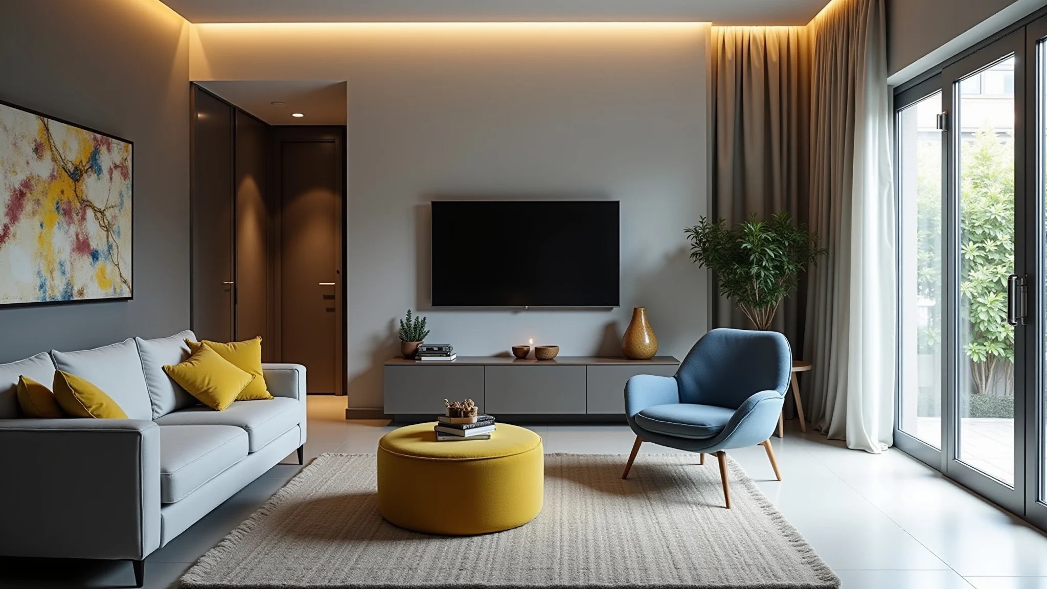 Sala de estar cinza com toques de cor em estilo moderno e brasileiro.