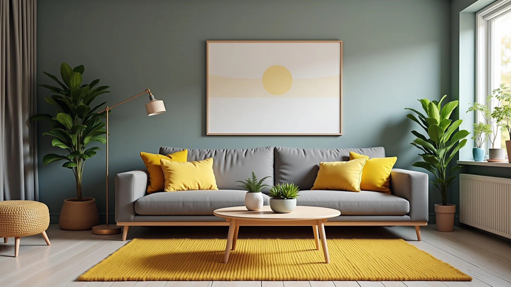 Sala cinza e amarela estilo Farm Rio, decoração colorida e plantas.